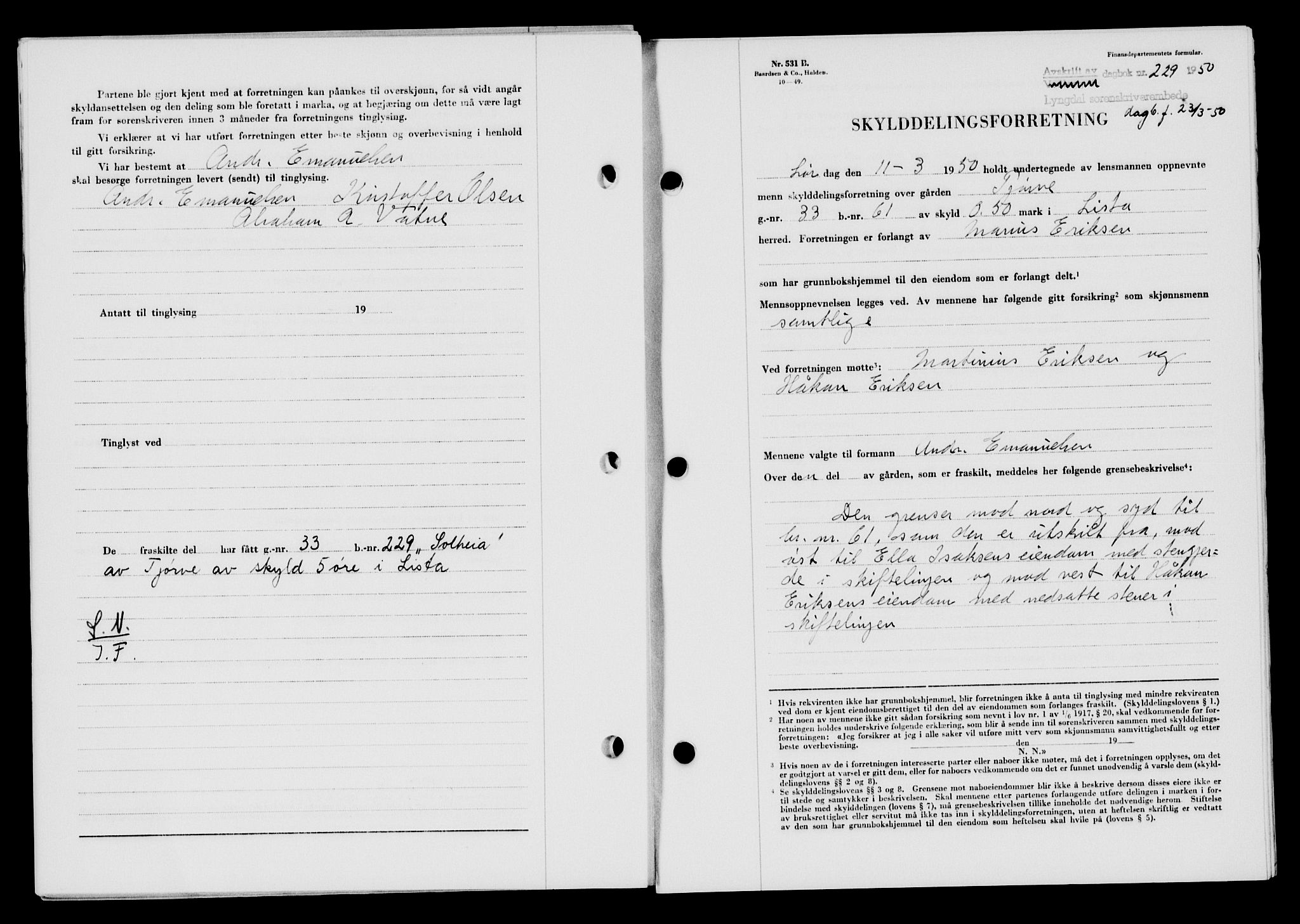 Lyngdal sorenskriveri, AV/SAK-1221-0004/G/Gb/L0665: Mortgage book no. A XI, 1950-1950, Diary no: : 229/1950