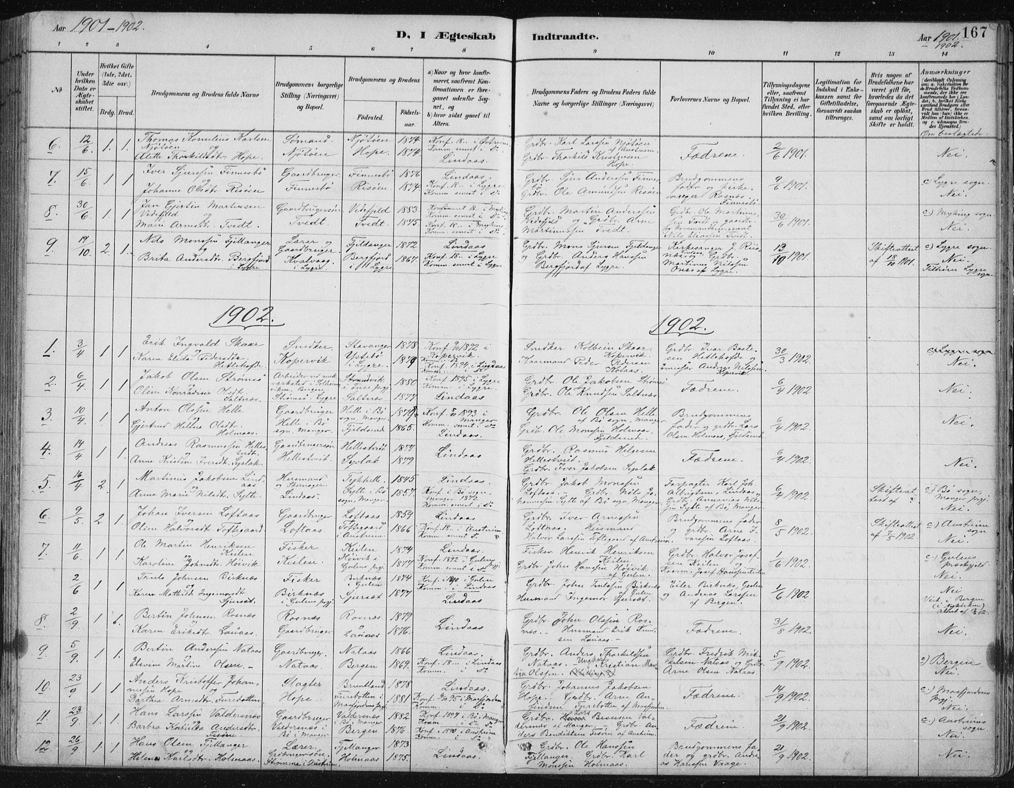 Lindås Sokneprestembete, SAB/A-76701/H/Hab: Parish register (copy) no. B 3, 1886-1914, p. 167