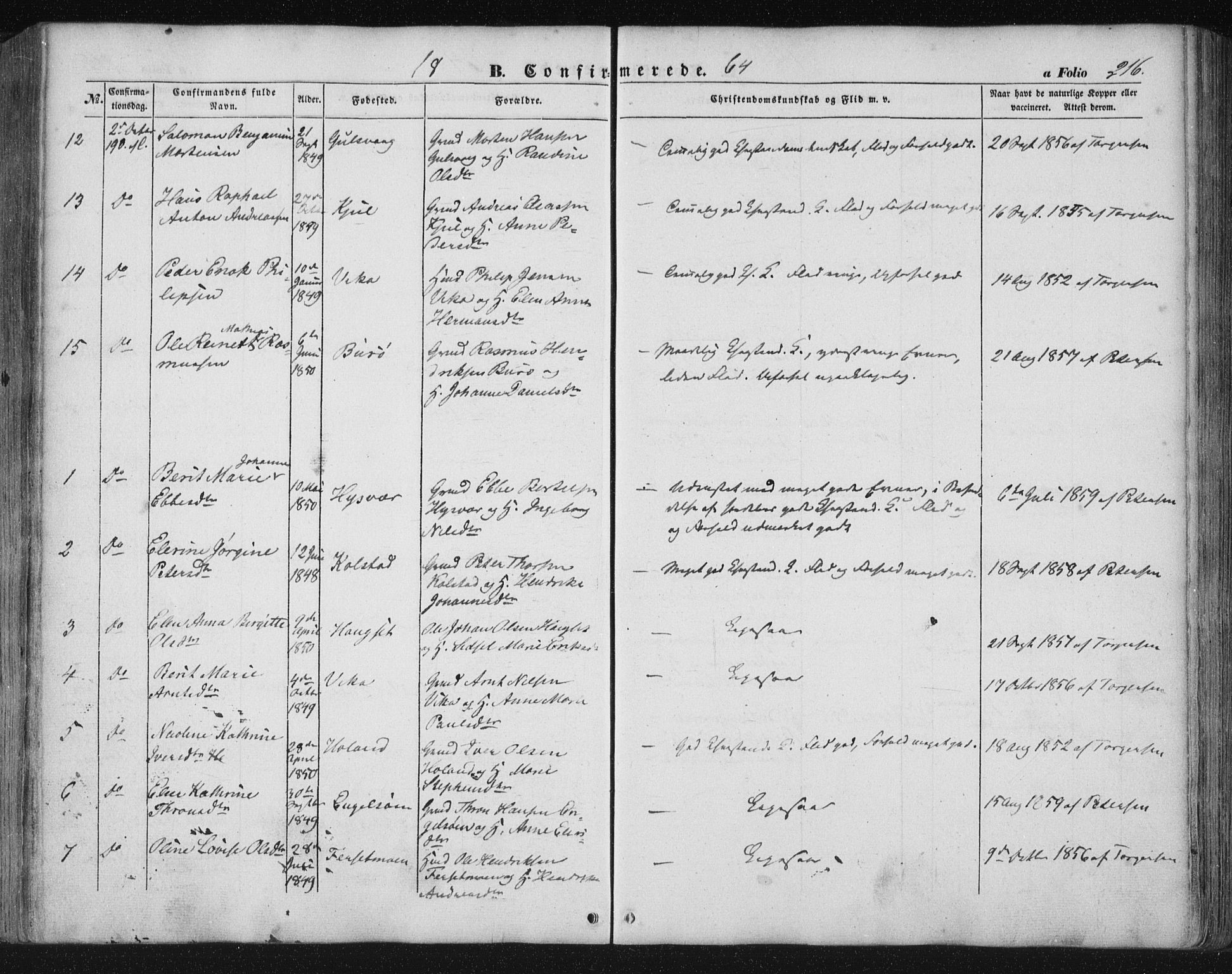 Ministerialprotokoller, klokkerbøker og fødselsregistre - Nordland, AV/SAT-A-1459/816/L0240: Parish register (official) no. 816A06, 1846-1870, p. 216