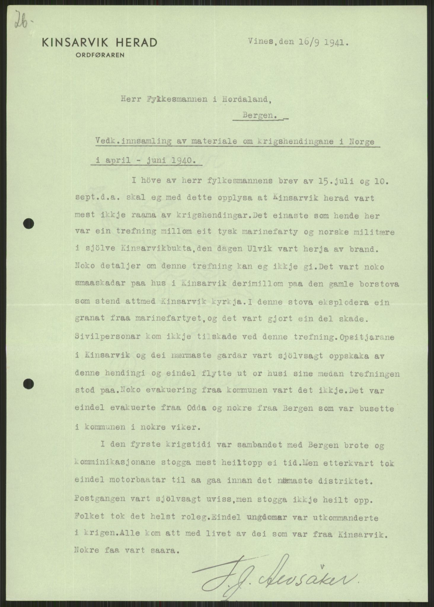 Forsvaret, Forsvarets krigshistoriske avdeling, AV/RA-RAFA-2017/Y/Ya/L0015: II-C-11-31 - Fylkesmenn.  Rapporter om krigsbegivenhetene 1940., 1940, p. 331