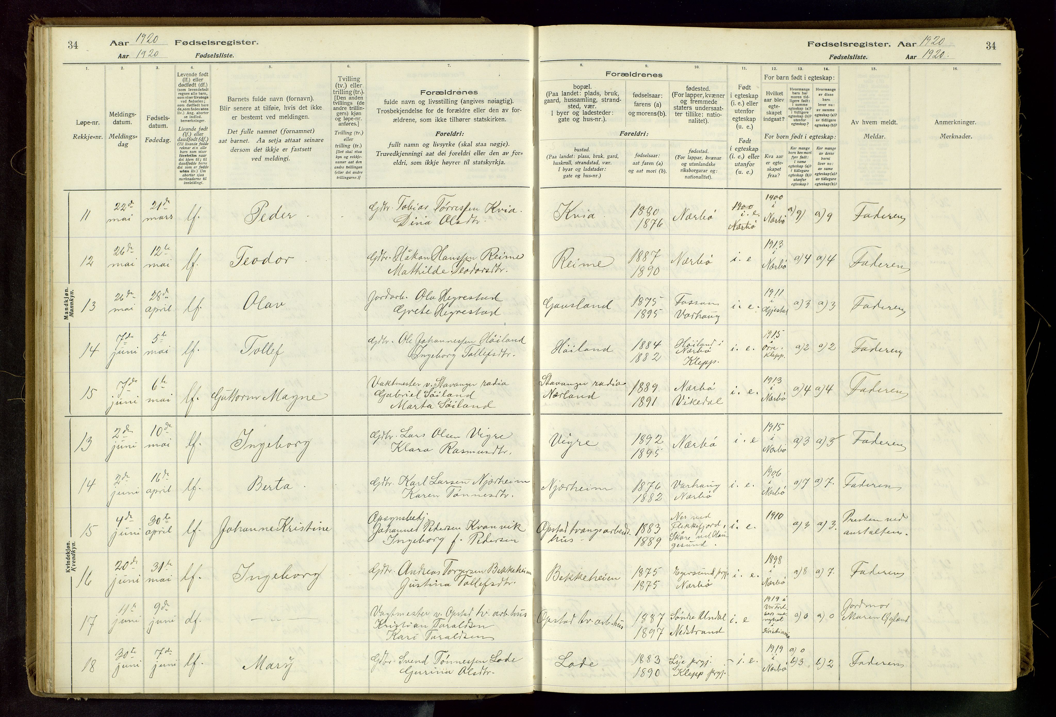 Hå sokneprestkontor, AV/SAST-A-101801/002/C/L0001: Birth register no. 1, 1916-1945, p. 34