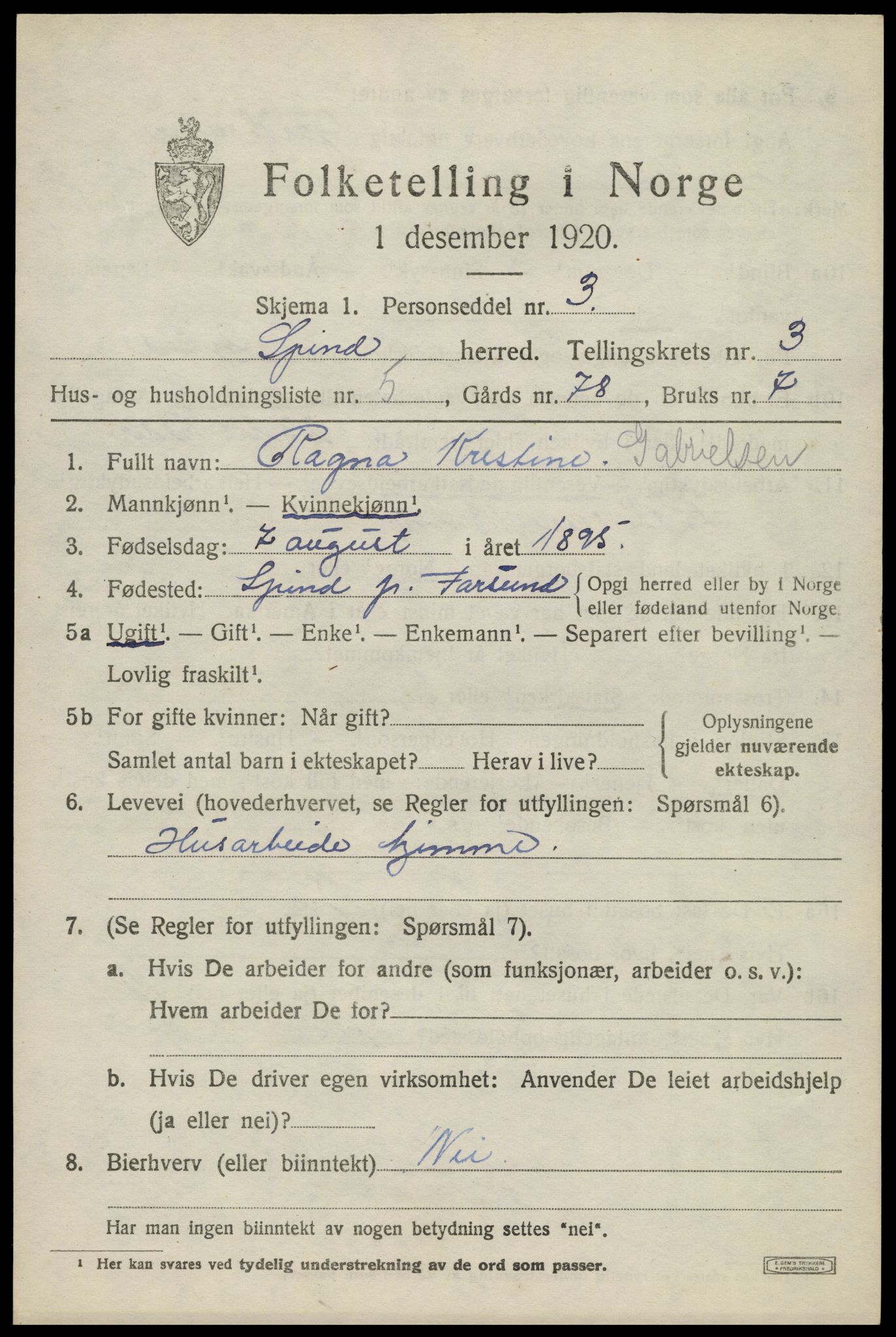 SAK, 1920 census for Spind, 1920, p. 1665