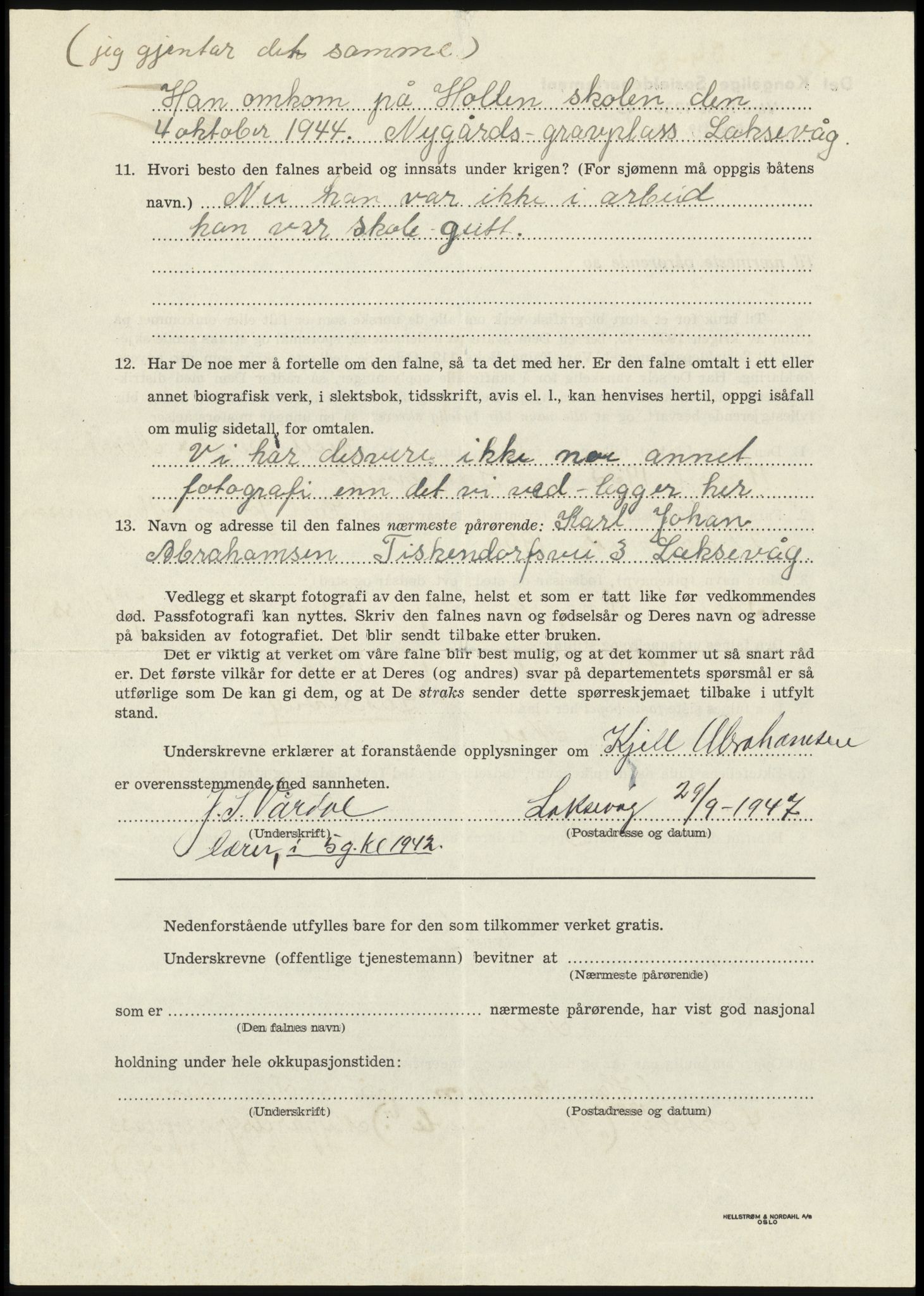 Sosialdepartementet, Våre Falne, RA/S-1708/E/Ee/L0025: Personmapper: Abelsen 01 - Amundsen, H. 65, 1945-1951, p. 220