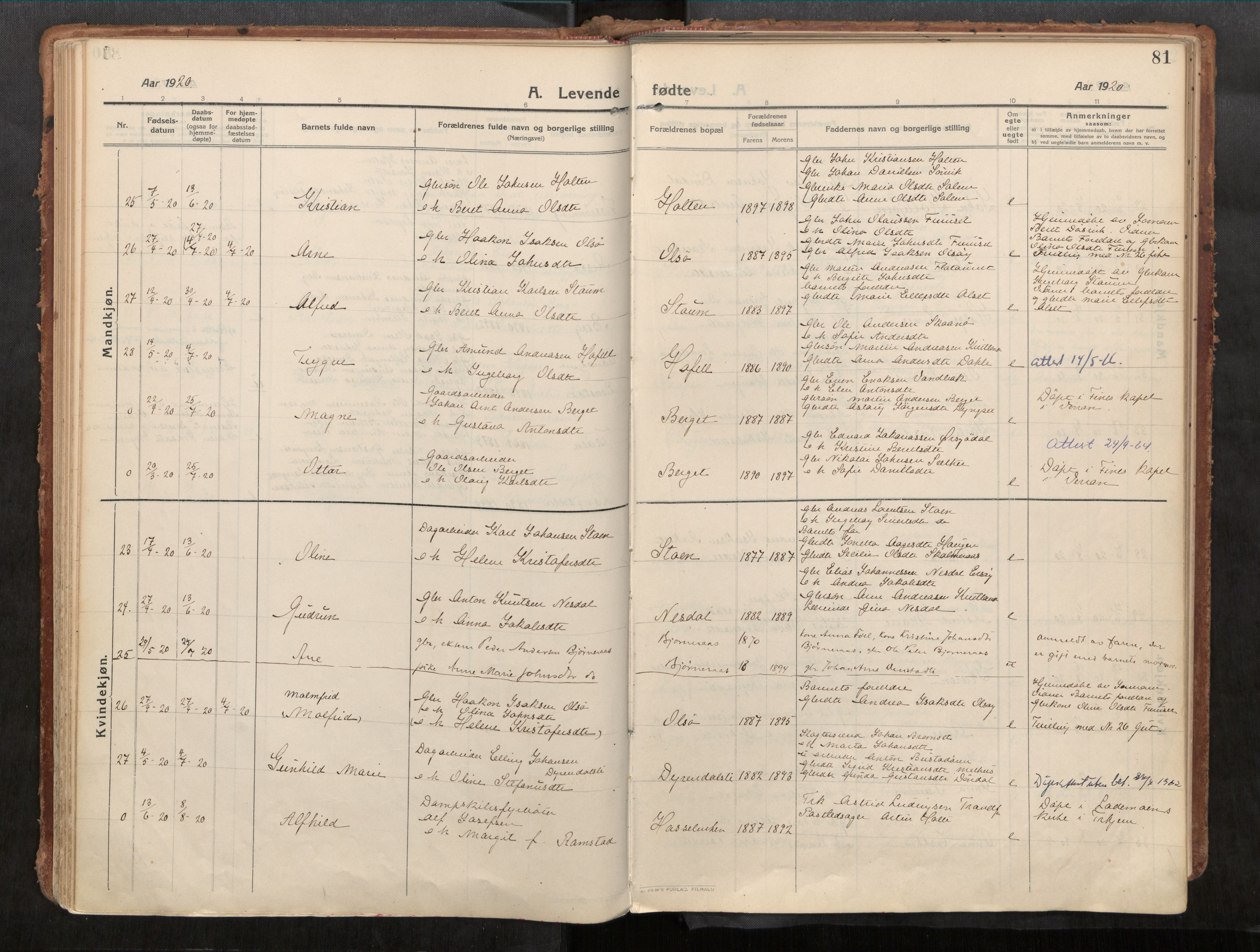 Stadsbygd sokneprestkontor, AV/SAT-A-1117/1/I/I1/I1a/L0001: Parish register (official) no. 1, 1911-1929, p. 81