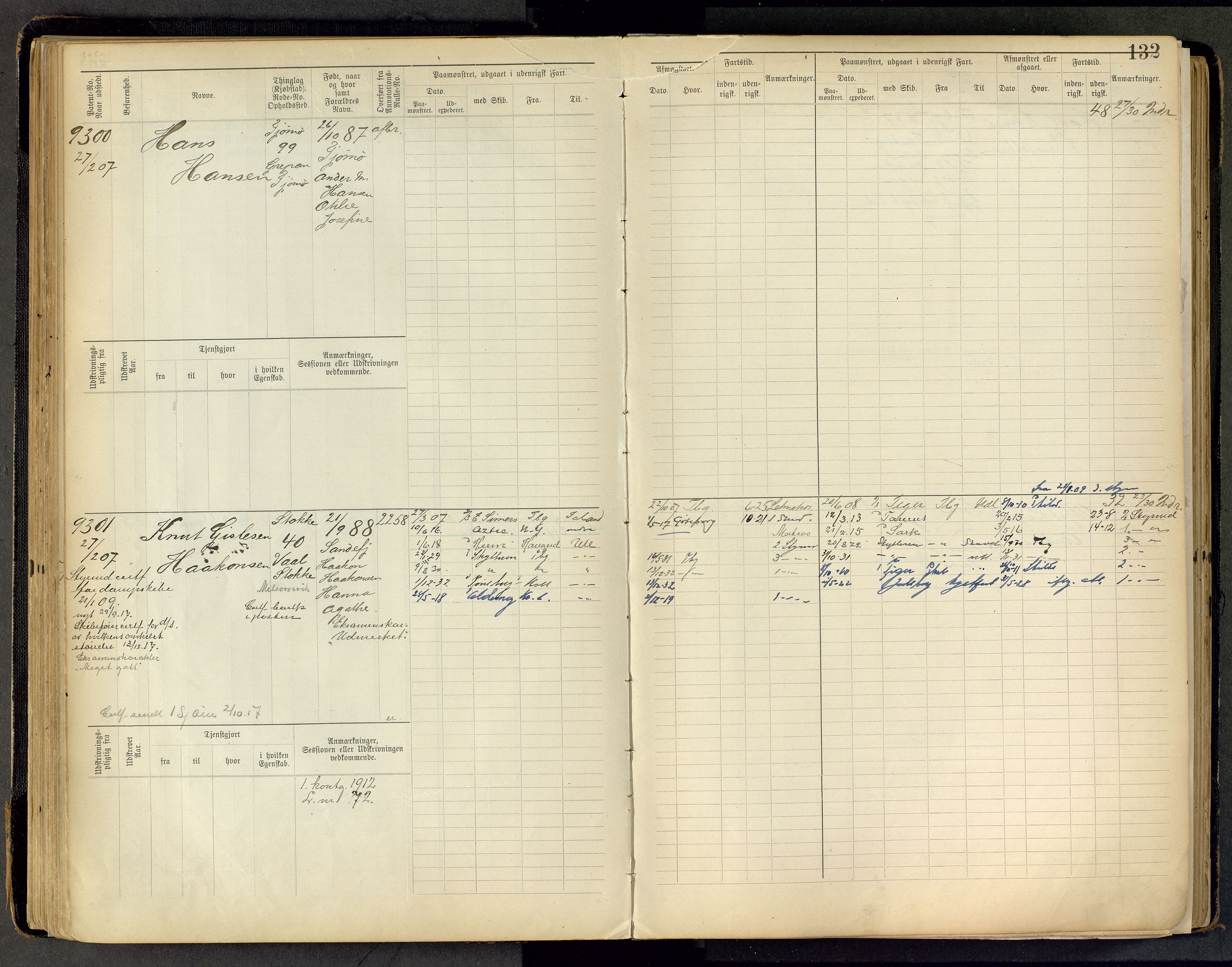 Tønsberg innrulleringskontor, AV/SAKO-A-786/F/Fc/Fca/L0011: Hovedrulle Patent nr. 9038-9992, 1900-1912, p. 132