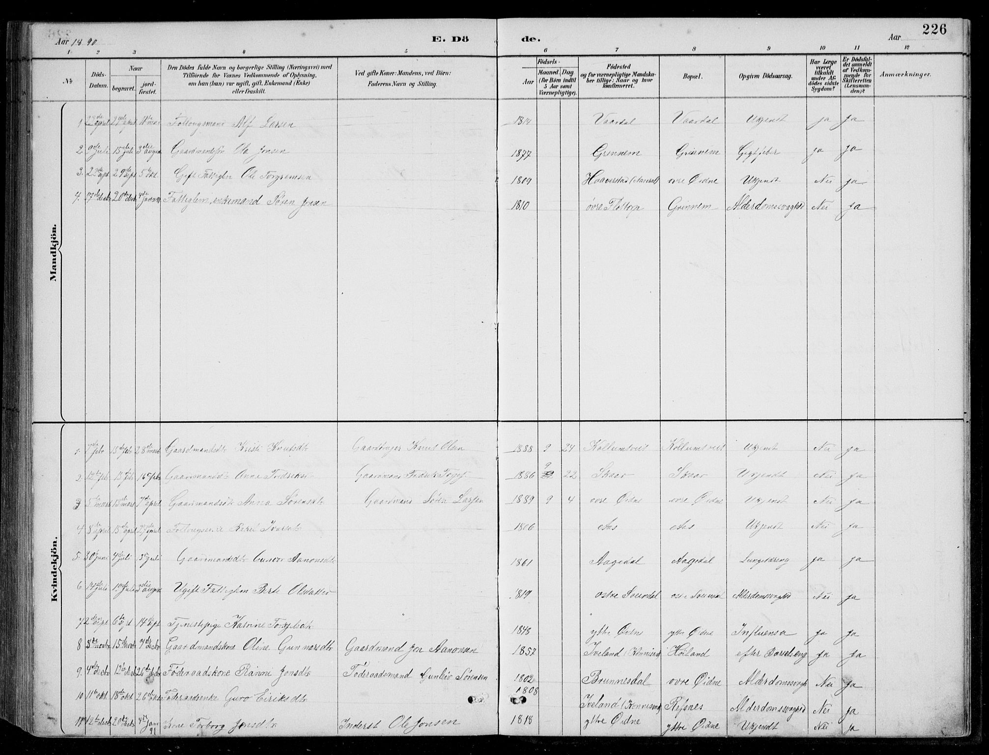 Bjelland sokneprestkontor, SAK/1111-0005/F/Fb/Fbc/L0003: Parish register (copy) no. B 3, 1887-1924, p. 226