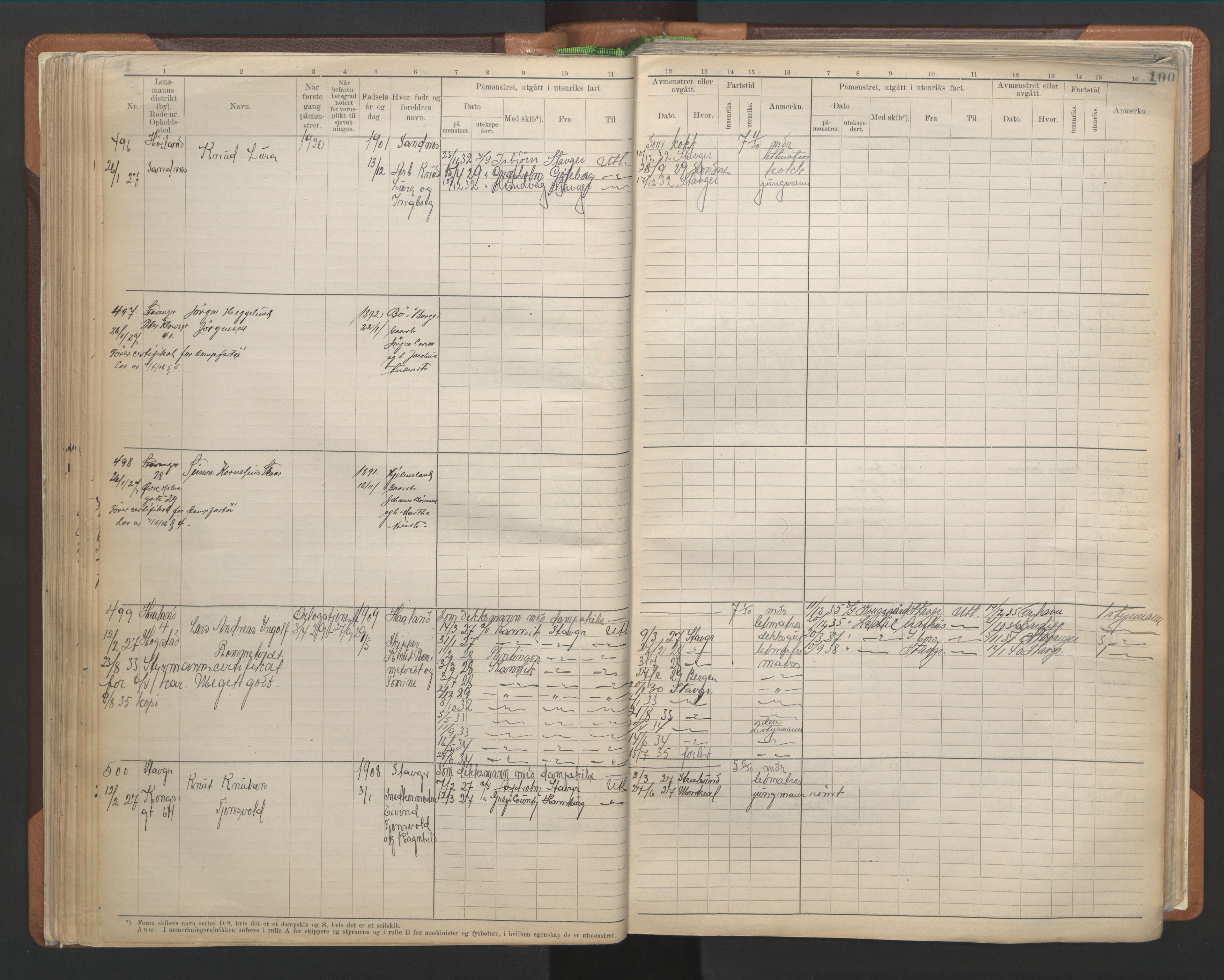 Stavanger sjømannskontor, SAST/A-102006/F/Fb/Fbb/L0013: Sjøfartshovedrulle A, patentnr. 1-1495 (del 1), 1921-1933, p. 106