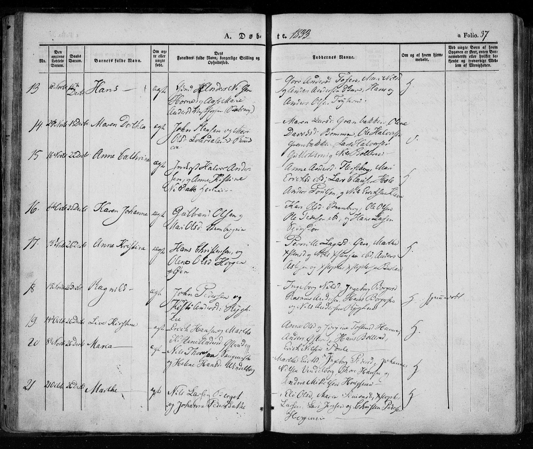 Eiker kirkebøker, AV/SAKO-A-4/F/Fa/L0013a: Parish register (official) no. I 13A, 1832-1845, p. 37