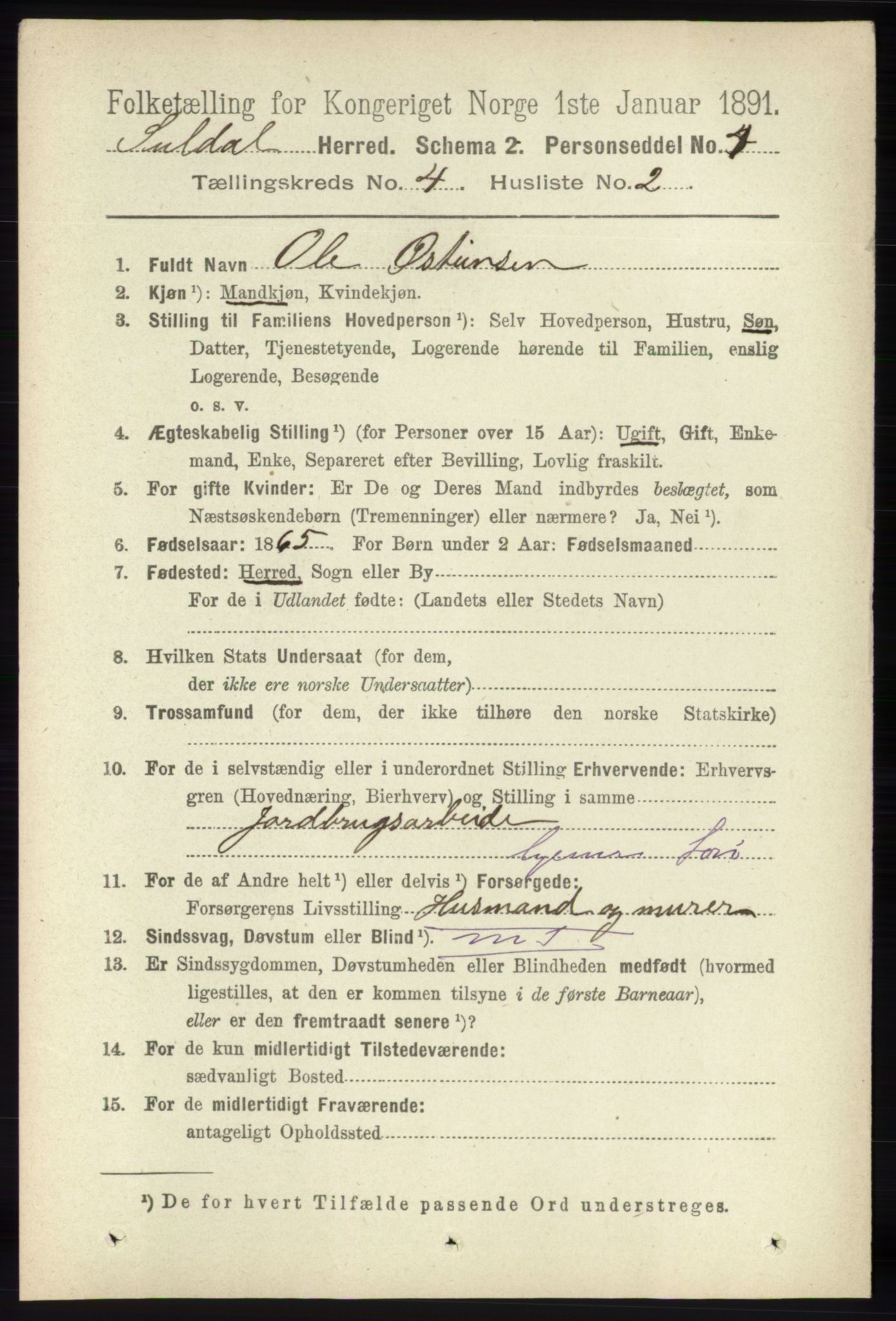 RA, 1891 census for 1134 Suldal, 1891, p. 872