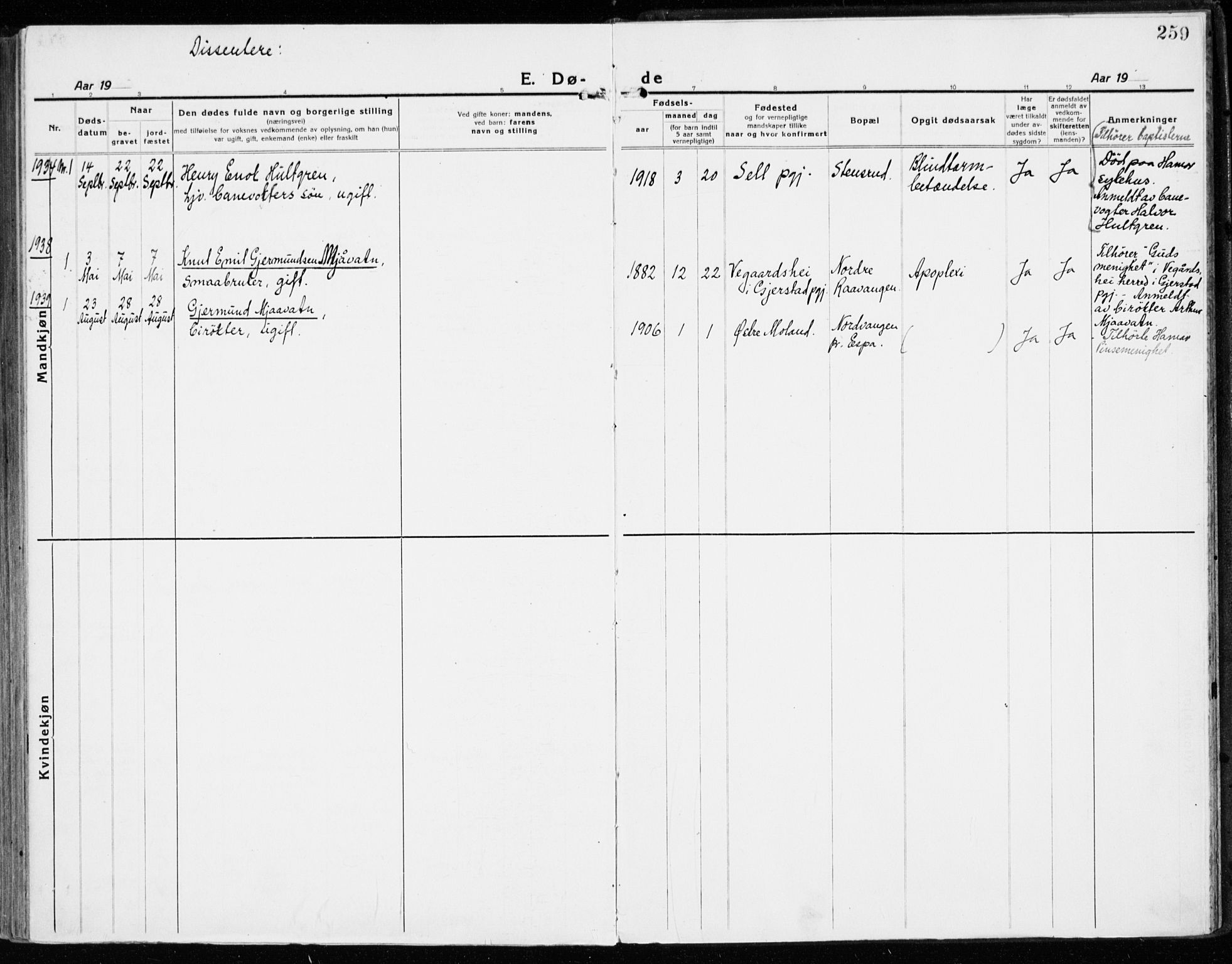 Stange prestekontor, AV/SAH-PREST-002/K/L0025: Parish register (official) no. 25, 1921-1945, p. 259