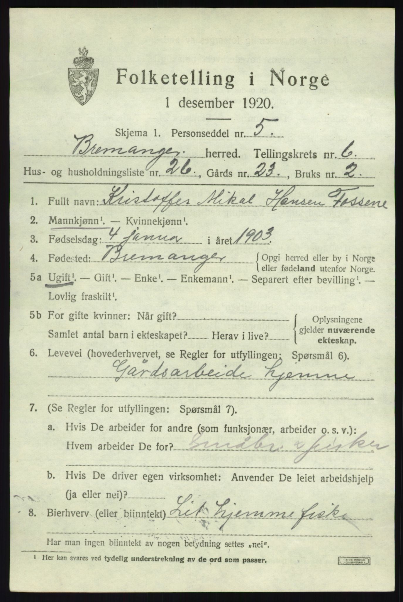 SAB, 1920 census for Bremanger, 1920, p. 4394