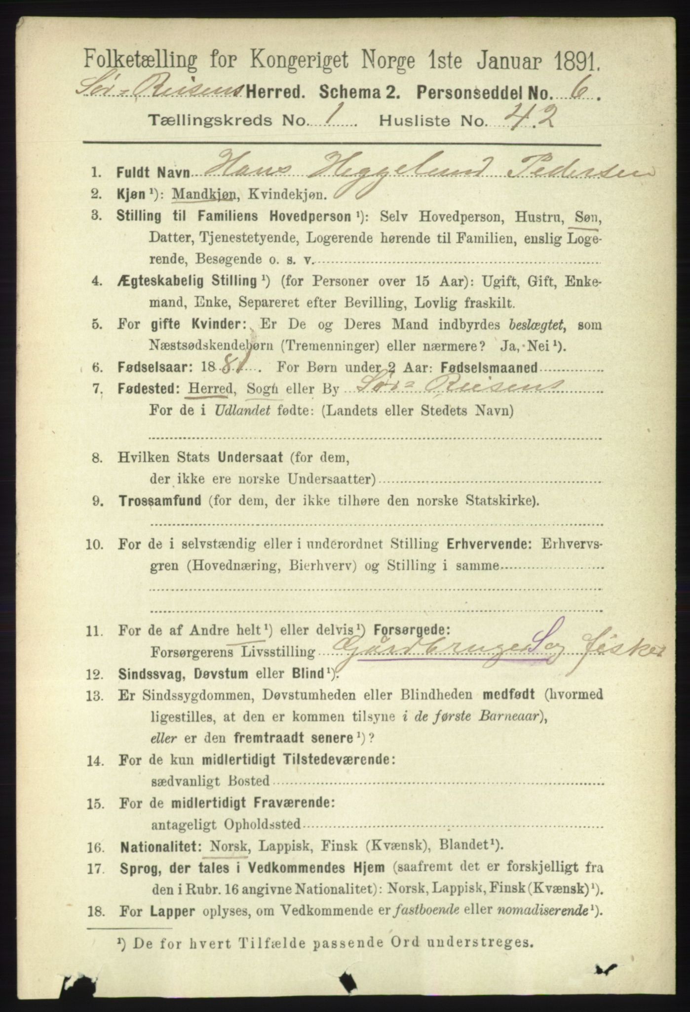 RA, 1891 census for 1925 Sørreisa, 1891, p. 336