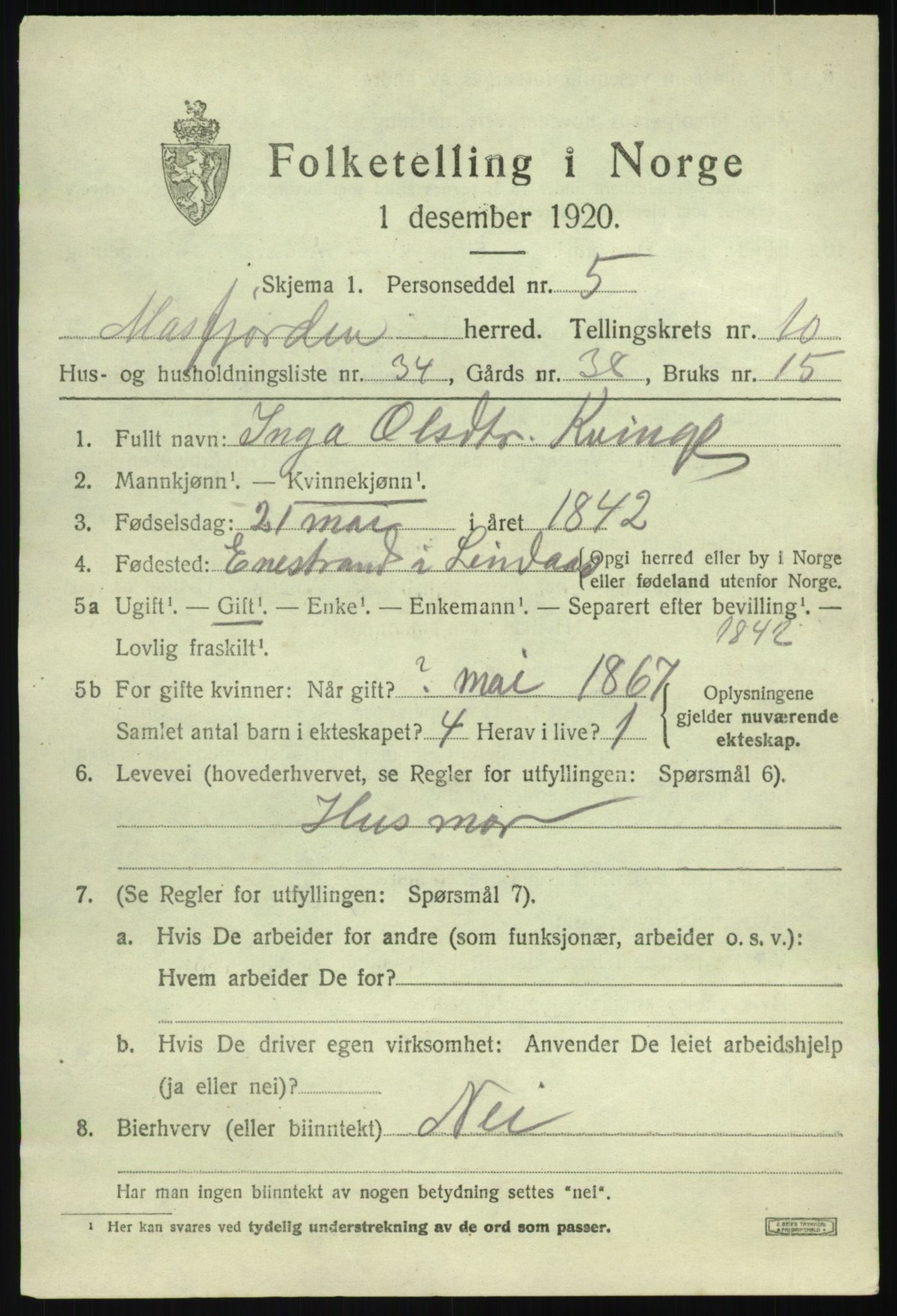 SAB, 1920 census for Masfjorden, 1920, p. 4111