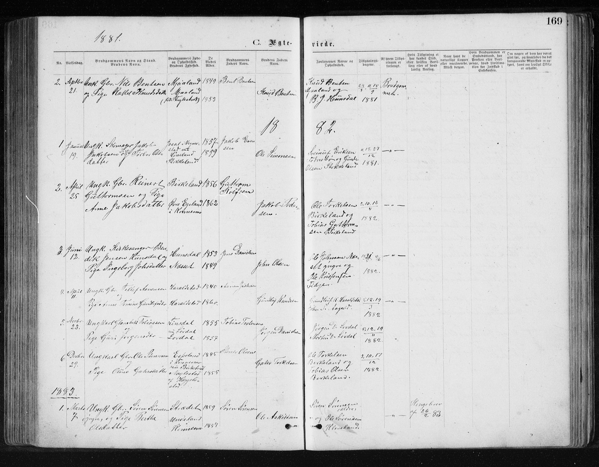 Holum sokneprestkontor, SAK/1111-0022/F/Fb/Fbb/L0003: Parish register (copy) no. B 3, 1875-1898, p. 169