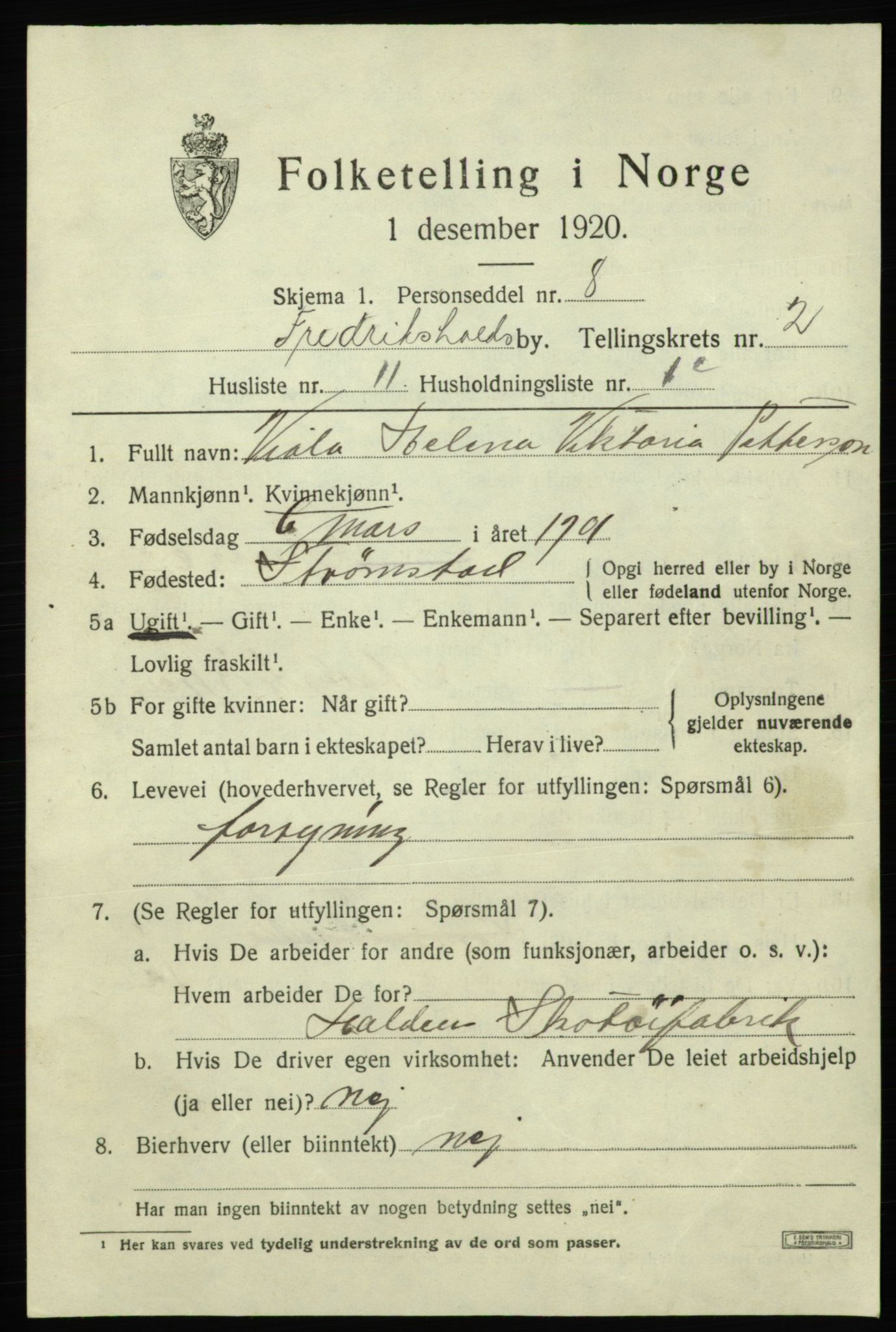 SAO, 1920 census for Fredrikshald, 1920, p. 9454