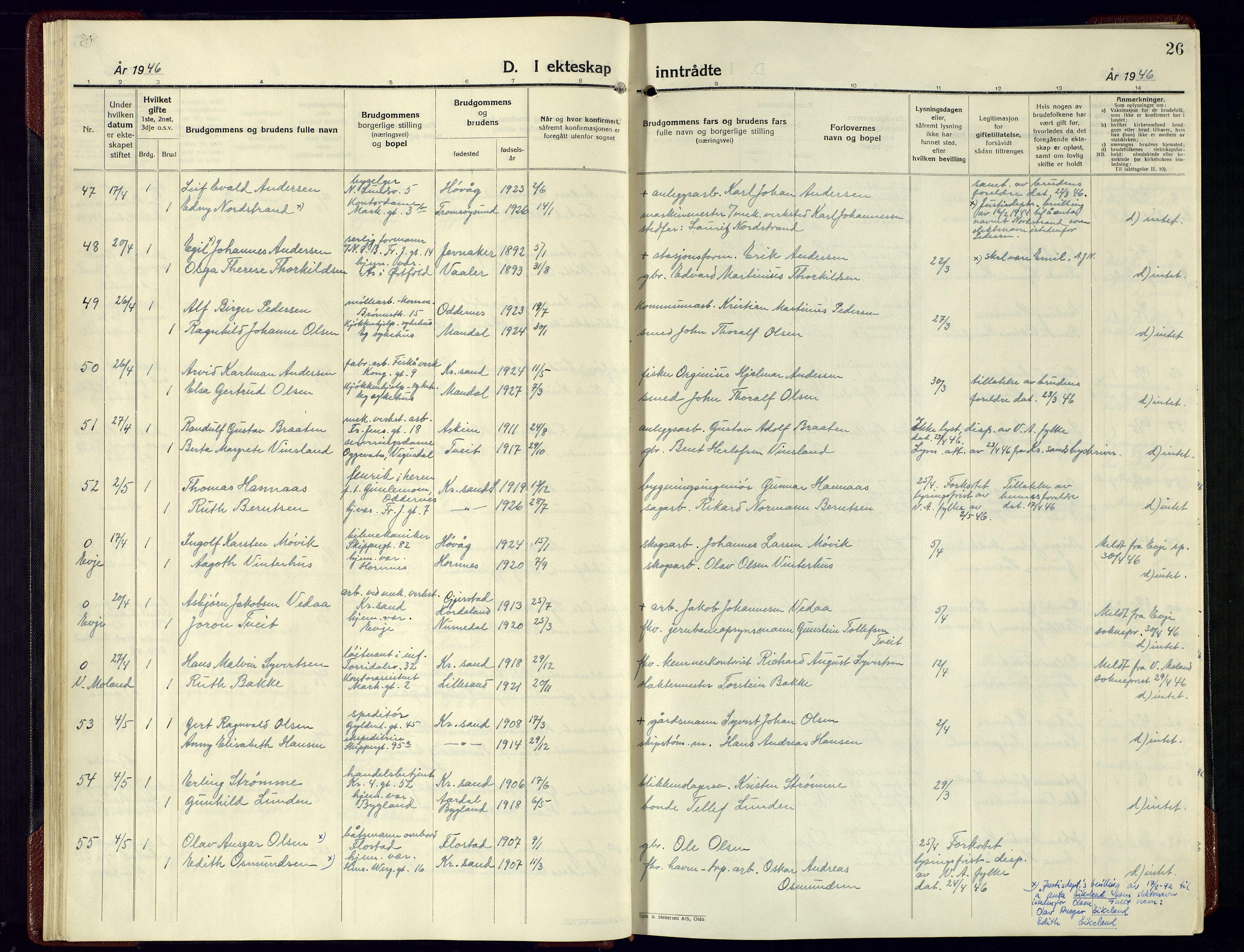 Kristiansand domprosti, SAK/1112-0006/F/Fa/L0036: Parish register (official) no. A-35, 1946-1955, p. 26