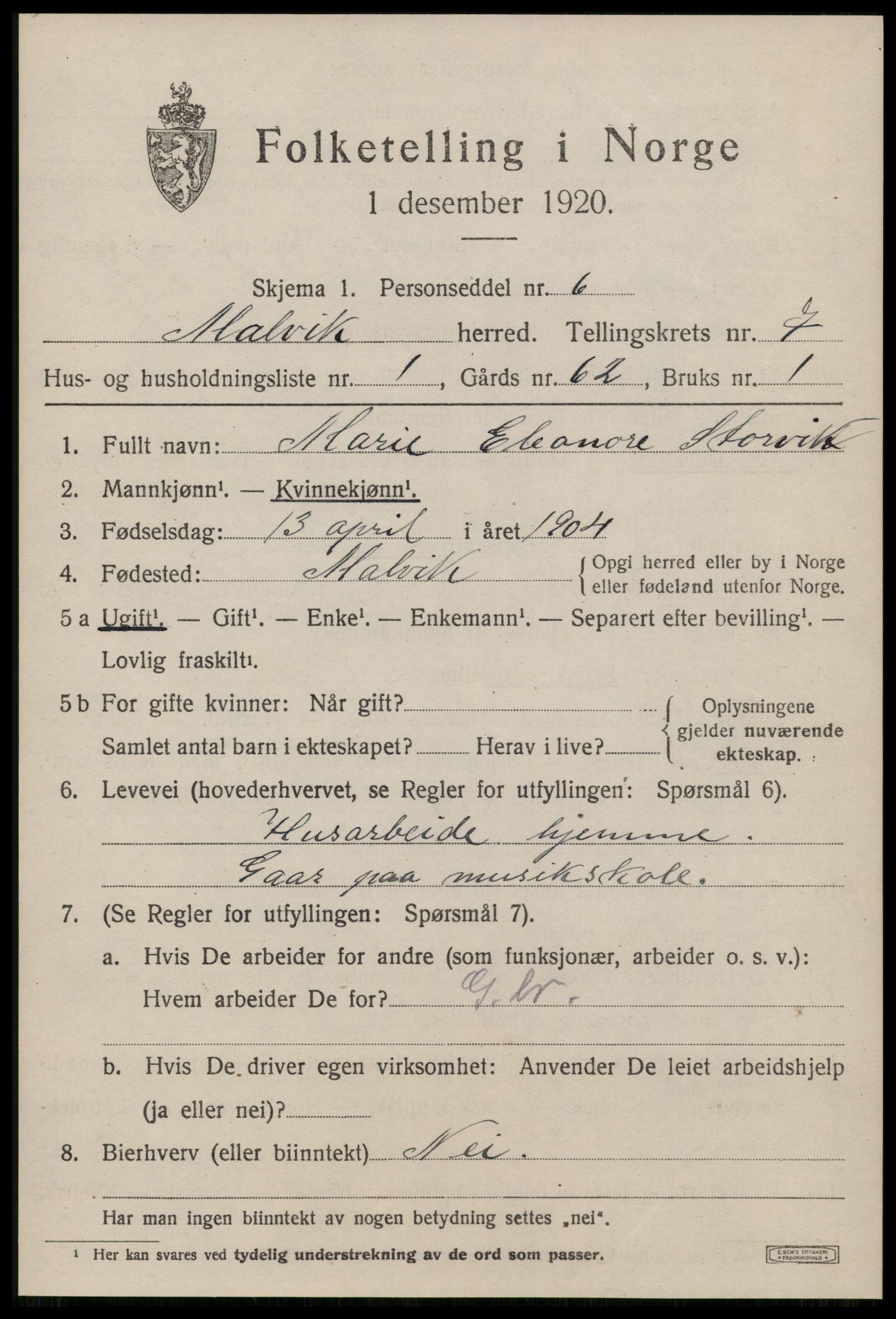 SAT, 1920 census for Malvik, 1920, p. 7226