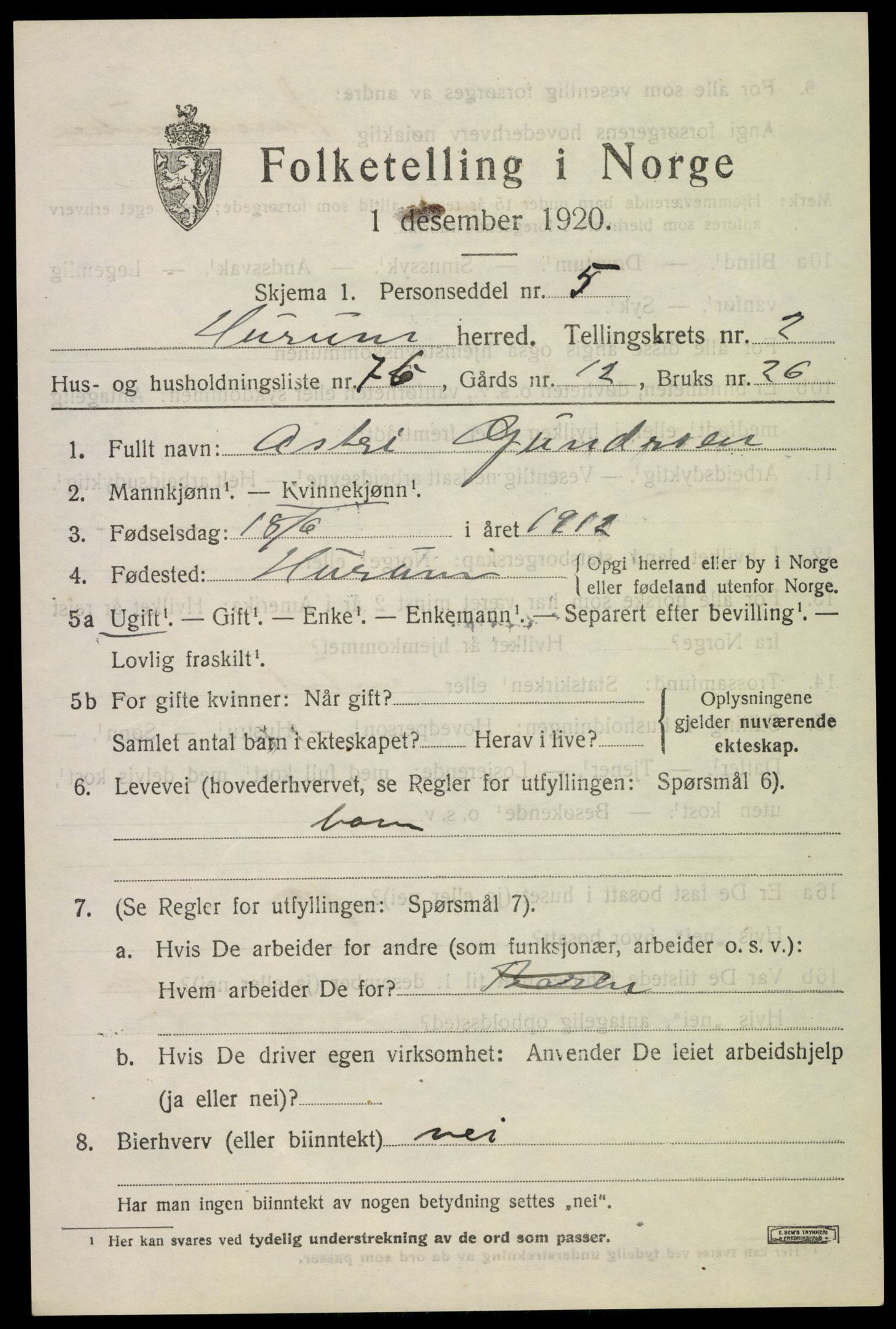 SAKO, 1920 census for Hurum, 1920, p. 4590
