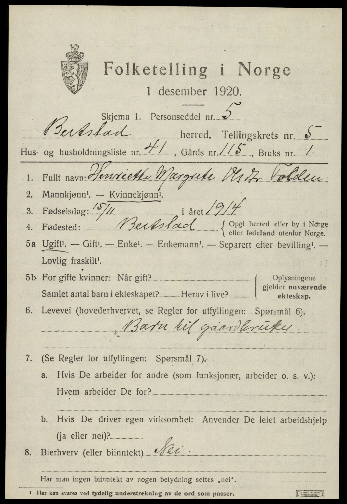 SAT, 1920 census for Beitstad, 1920, p. 4095