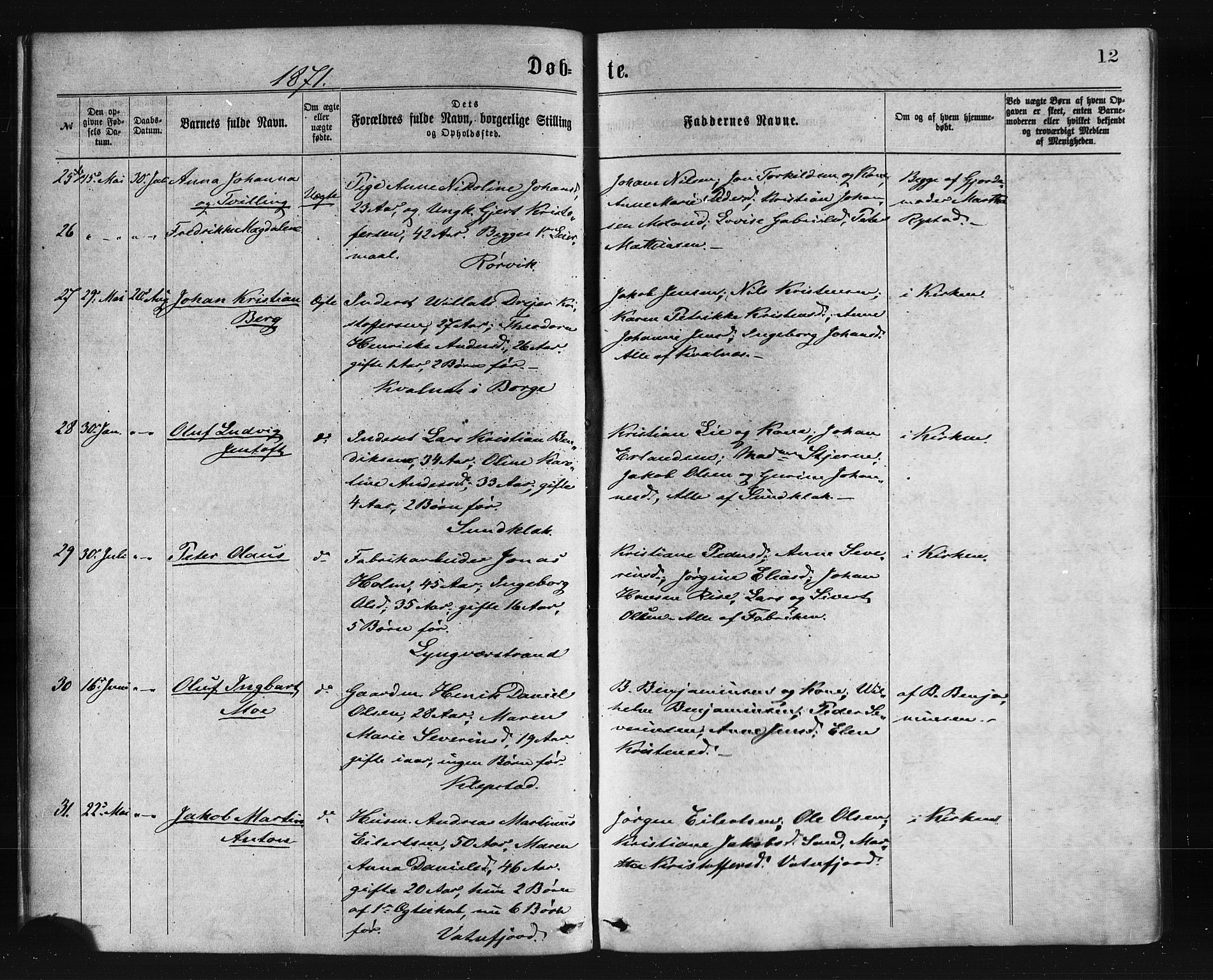 Ministerialprotokoller, klokkerbøker og fødselsregistre - Nordland, SAT/A-1459/876/L1096: Parish register (official) no. 876A02, 1870-1886, p. 12