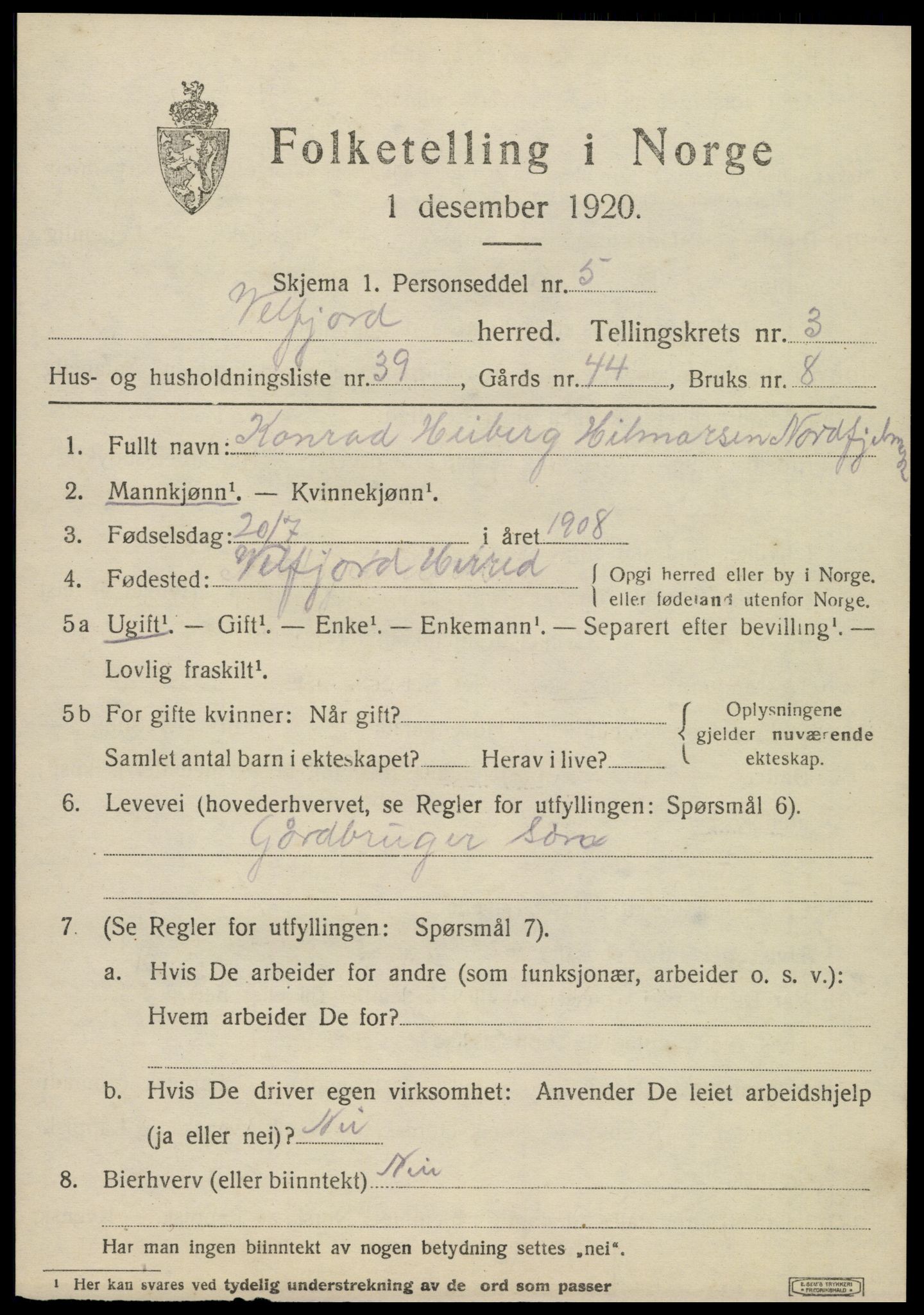 SAT, 1920 census for Velfjord, 1920, p. 2703