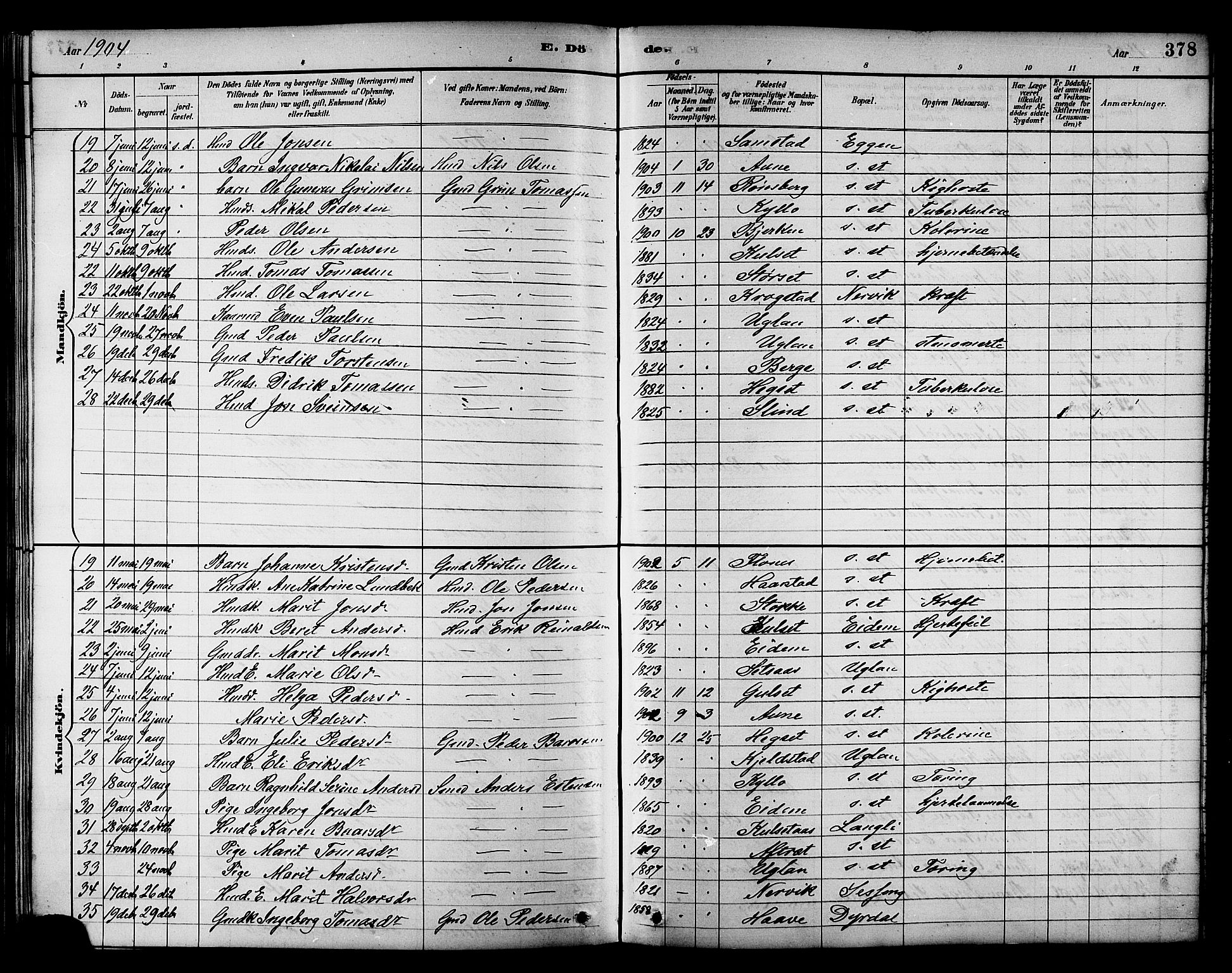 Ministerialprotokoller, klokkerbøker og fødselsregistre - Sør-Trøndelag, AV/SAT-A-1456/695/L1157: Parish register (copy) no. 695C08, 1889-1913, p. 378