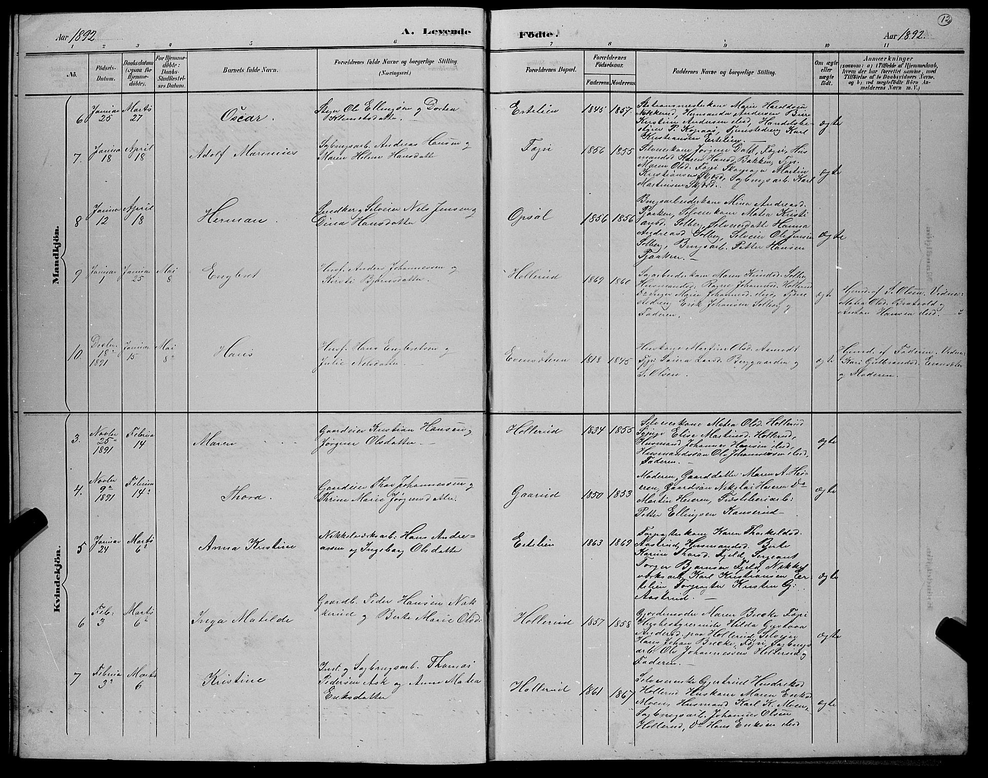 Hole kirkebøker, AV/SAKO-A-228/G/Gb/L0003: Parish register (copy) no. II 3, 1890-1901, p. 12