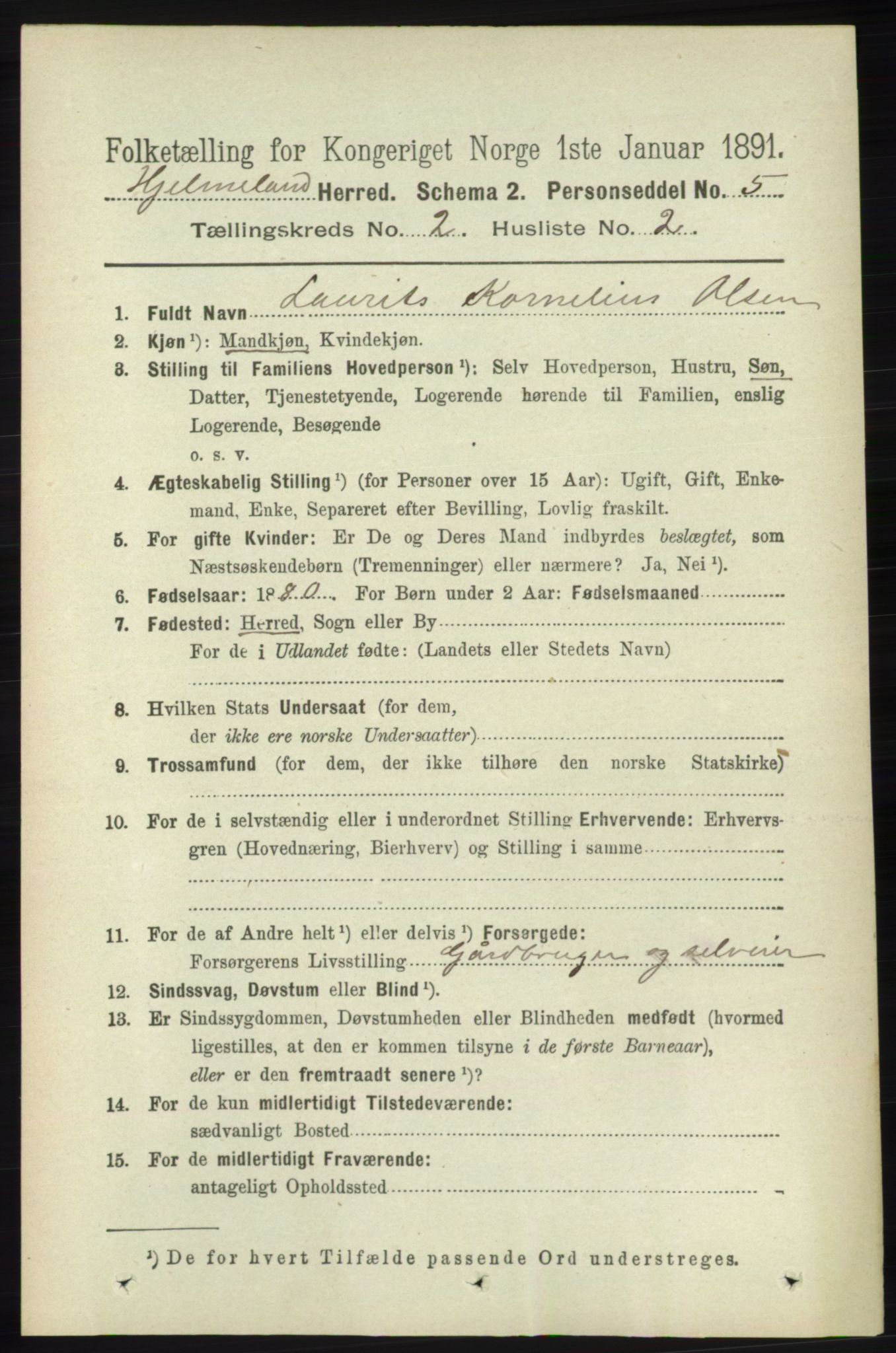 RA, 1891 census for 1133 Hjelmeland, 1891, p. 391