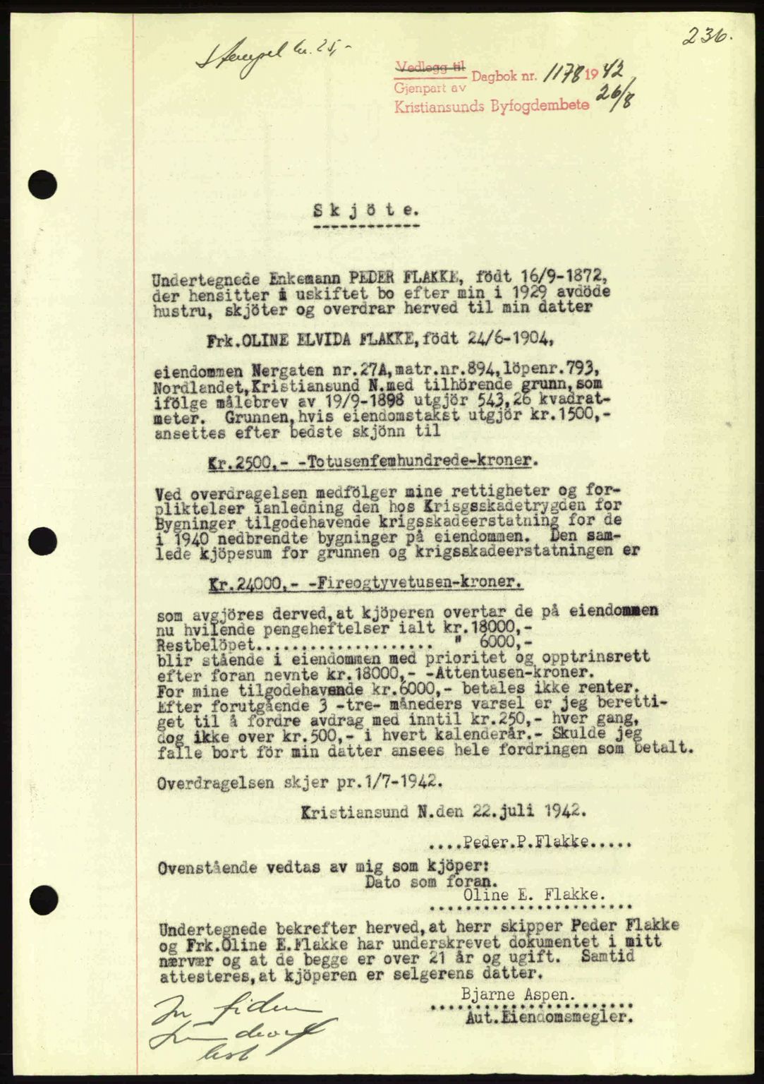 Kristiansund byfogd, AV/SAT-A-4587/A/27: Mortgage book no. 34, 1941-1945, Diary no: : 1178/1942