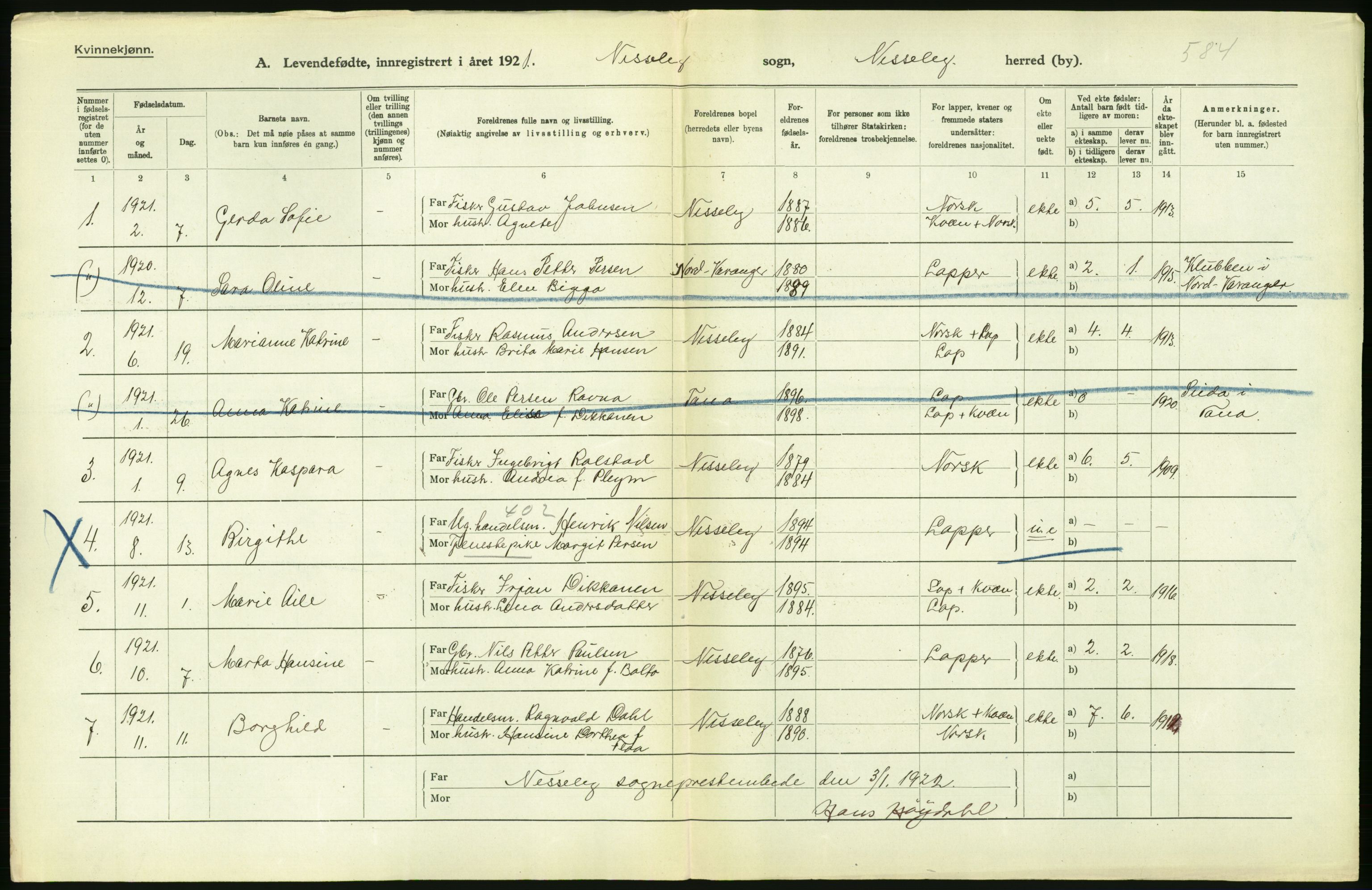 Statistisk sentralbyrå, Sosiodemografiske emner, Befolkning, AV/RA-S-2228/D/Df/Dfc/Dfca/L0054: Finnmark fylke: Levendefødte menn og kvinner, gifte, døde, dødfødte. Bygder og byer., 1921, p. 238