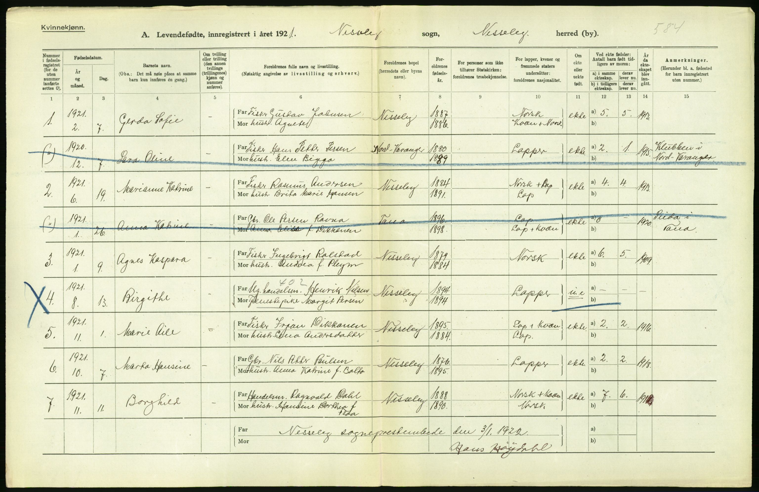 Statistisk sentralbyrå, Sosiodemografiske emner, Befolkning, RA/S-2228/D/Df/Dfc/Dfca/L0054: Finnmark fylke: Levendefødte menn og kvinner, gifte, døde, dødfødte. Bygder og byer., 1921, p. 238