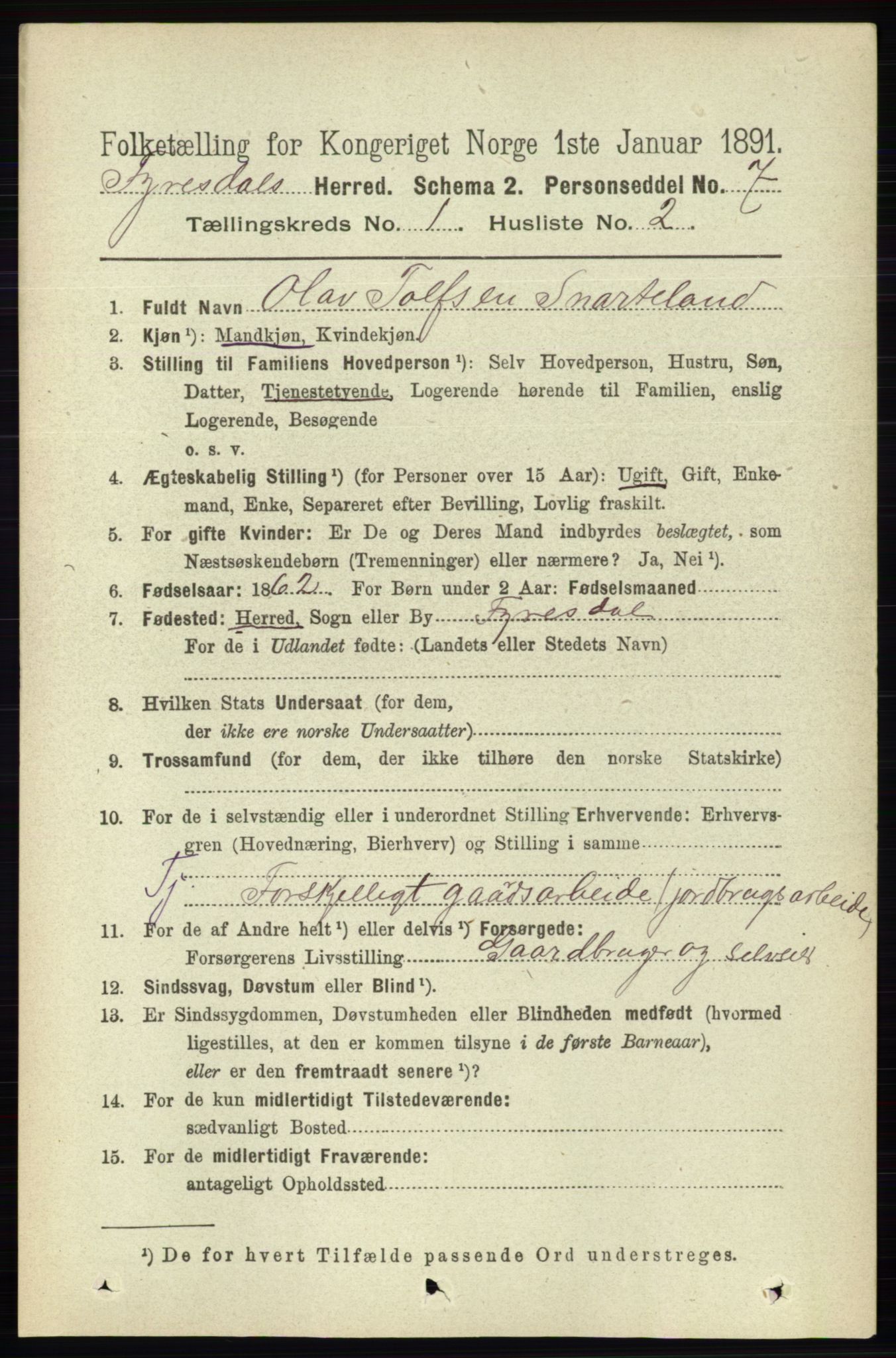 RA, 1891 census for 0831 Fyresdal, 1891, p. 72