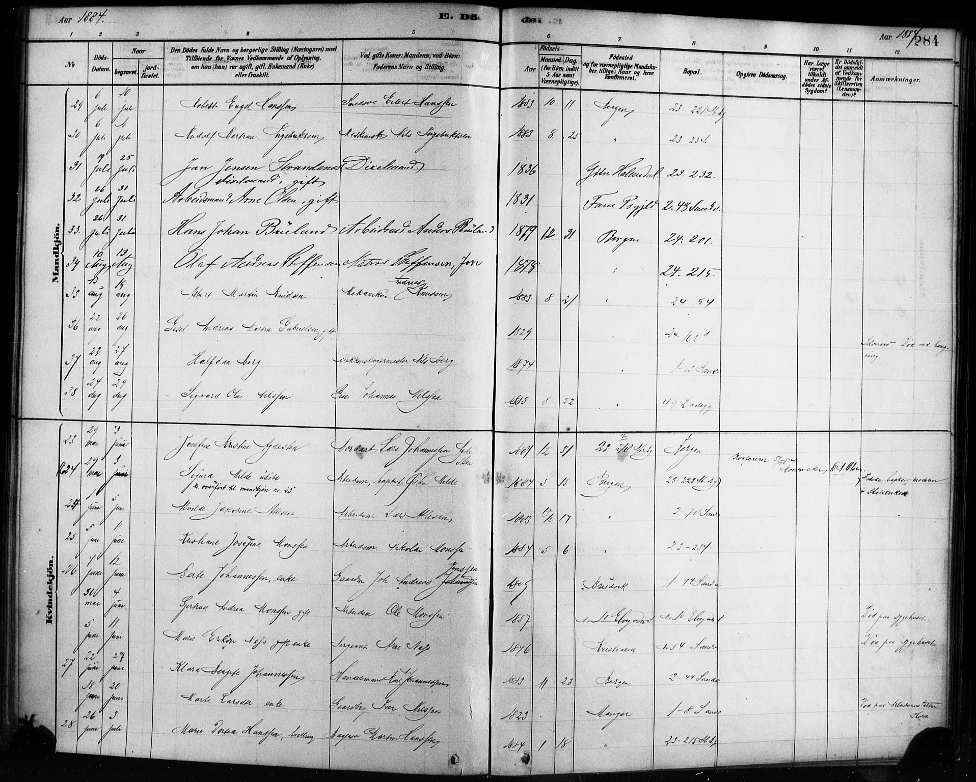 Sandviken Sokneprestembete, AV/SAB-A-77601/H/Ha/L0002: Parish register (official) no. A 2, 1878-1896, p. 284