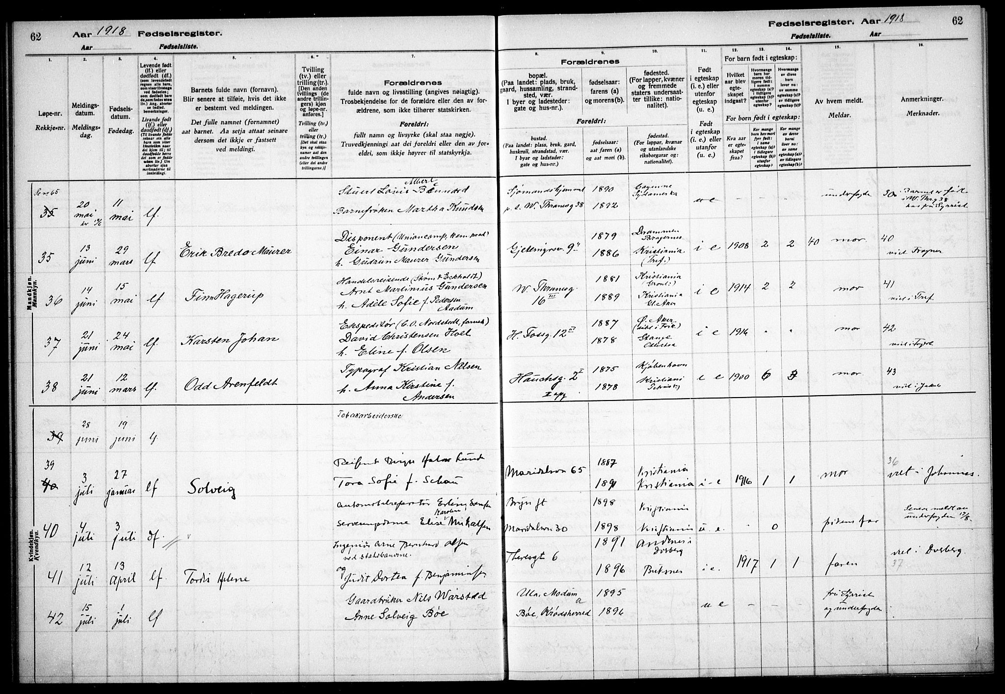 Gamle Aker prestekontor Kirkebøker, AV/SAO-A-10617a/J/L0001: Birth register no. 1, 1916-1927, p. 62