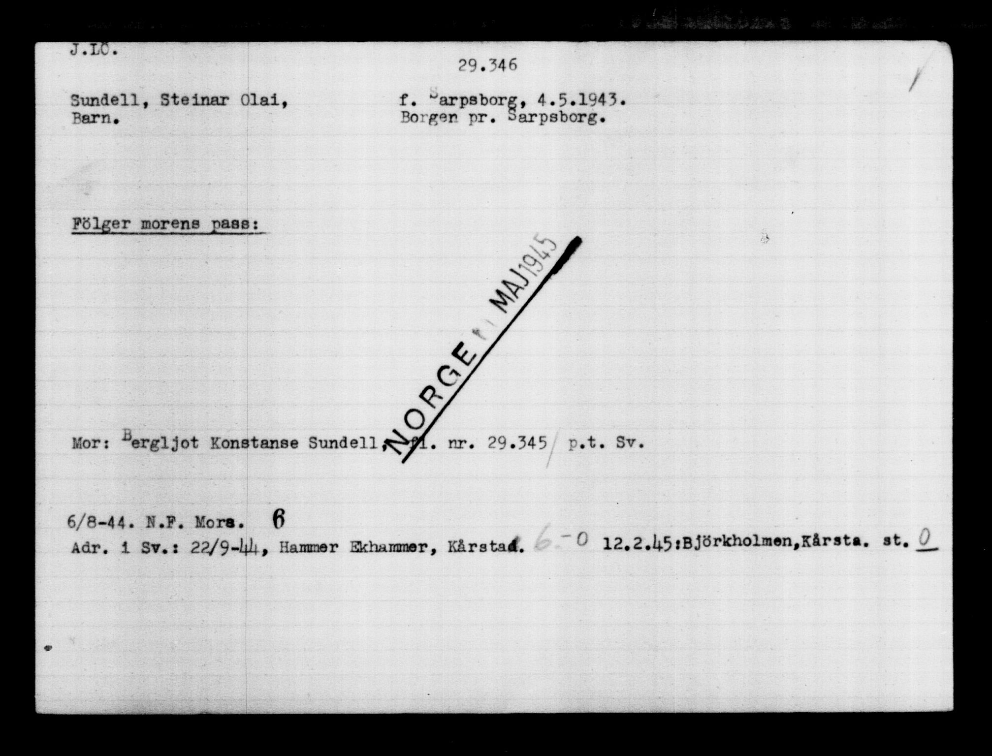 Den Kgl. Norske Legasjons Flyktningskontor, RA/S-6753/V/Va/L0012: Kjesäterkartoteket.  Flyktningenr. 28300-31566, 1940-1945, p. 1148