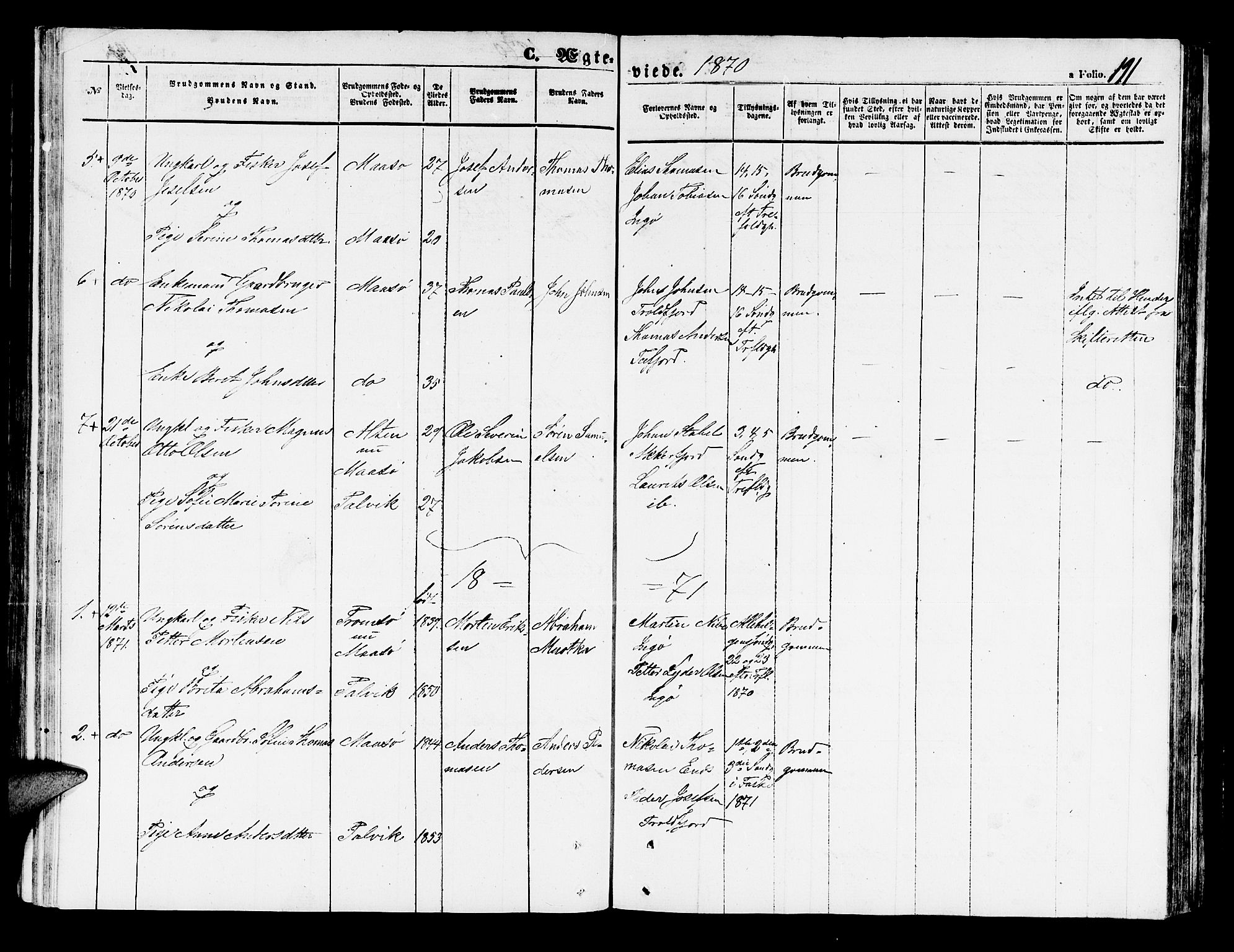 Måsøy sokneprestkontor, SATØ/S-1348/H/Hb/L0001klokker: Parish register (copy) no. 1, 1852-1877, p. 191