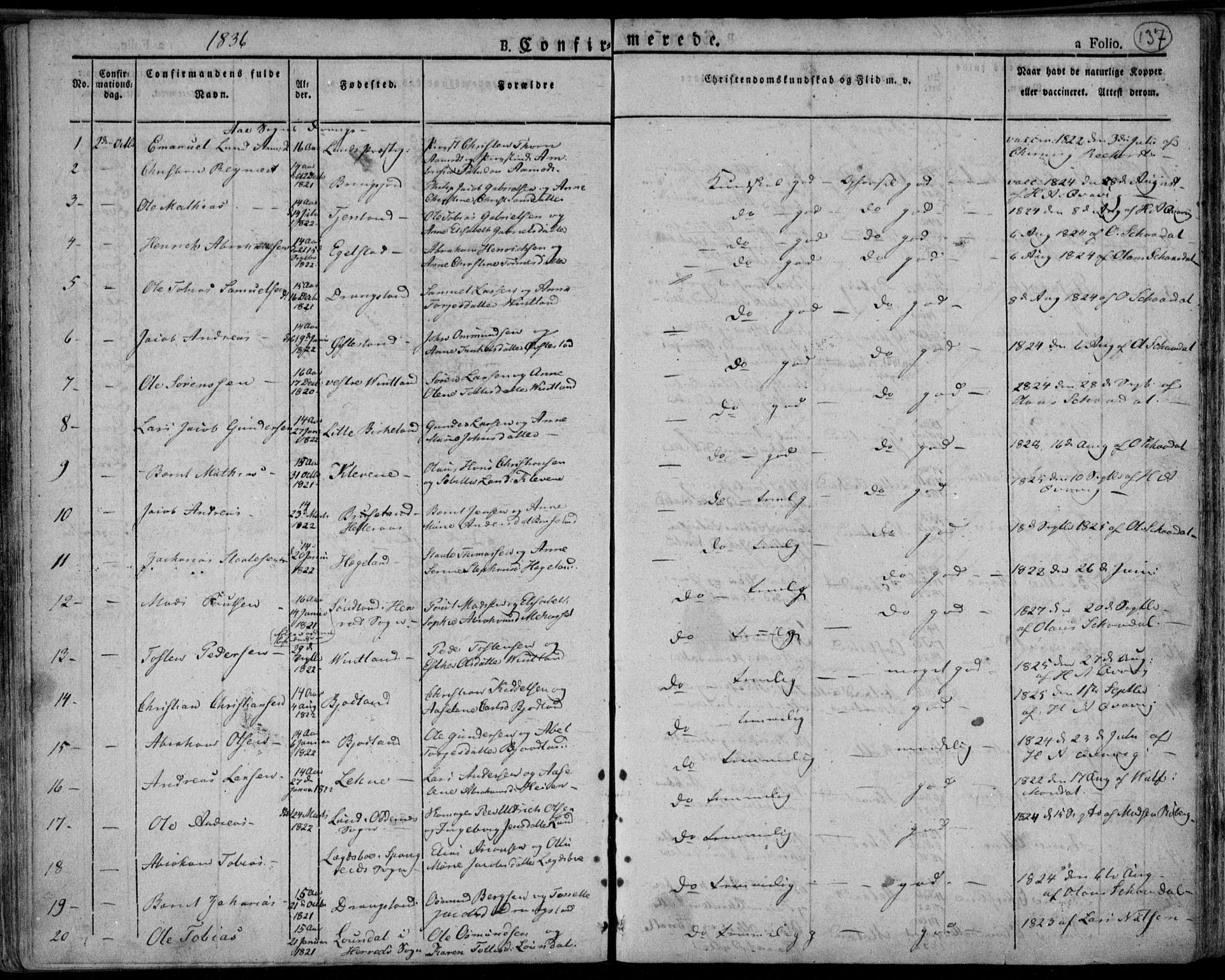 Lyngdal sokneprestkontor, AV/SAK-1111-0029/F/Fa/Fac/L0007: Parish register (official) no. A 7, 1825-1838, p. 137