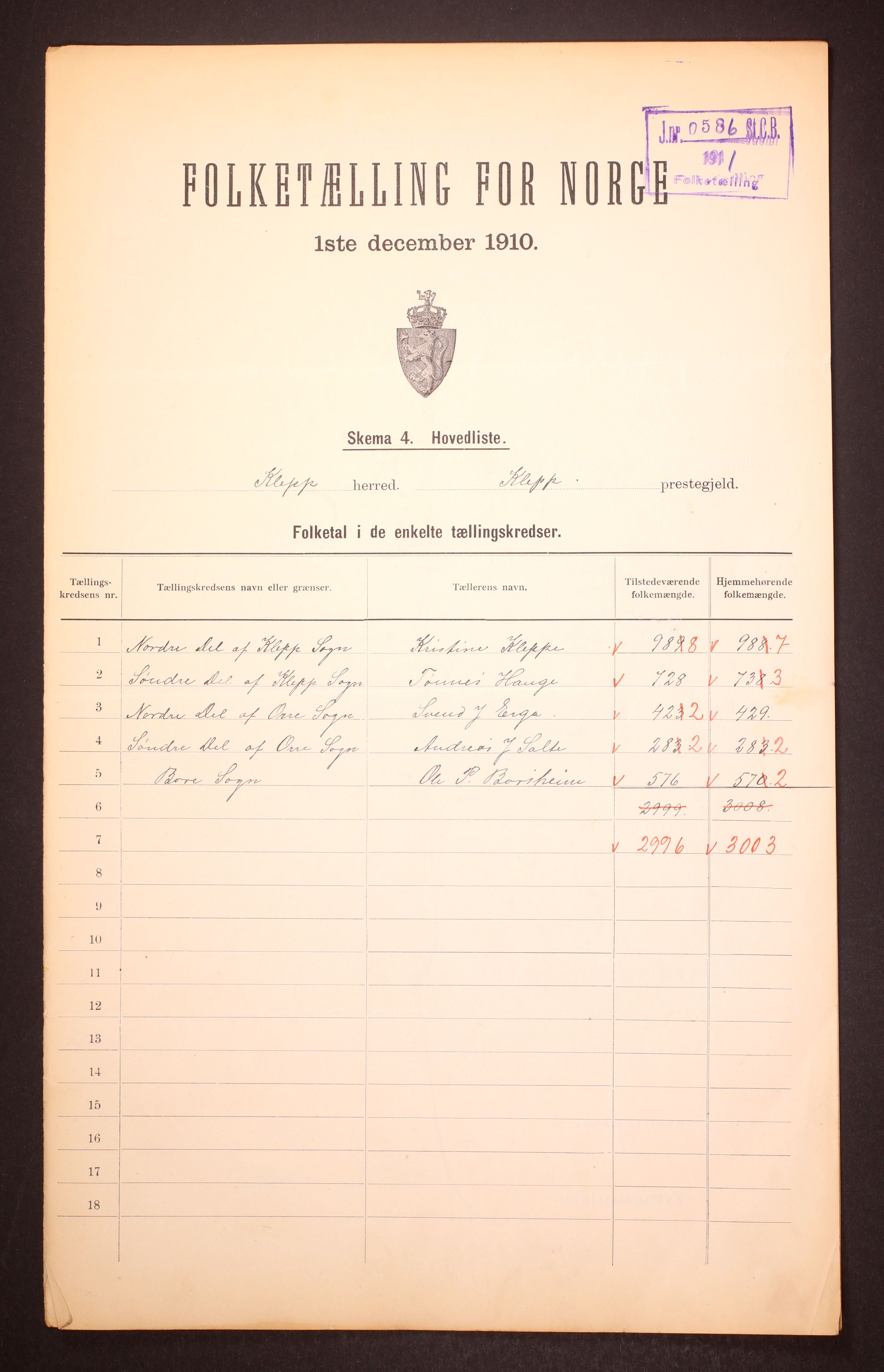 RA, 1910 census for Klepp, 1910, p. 2