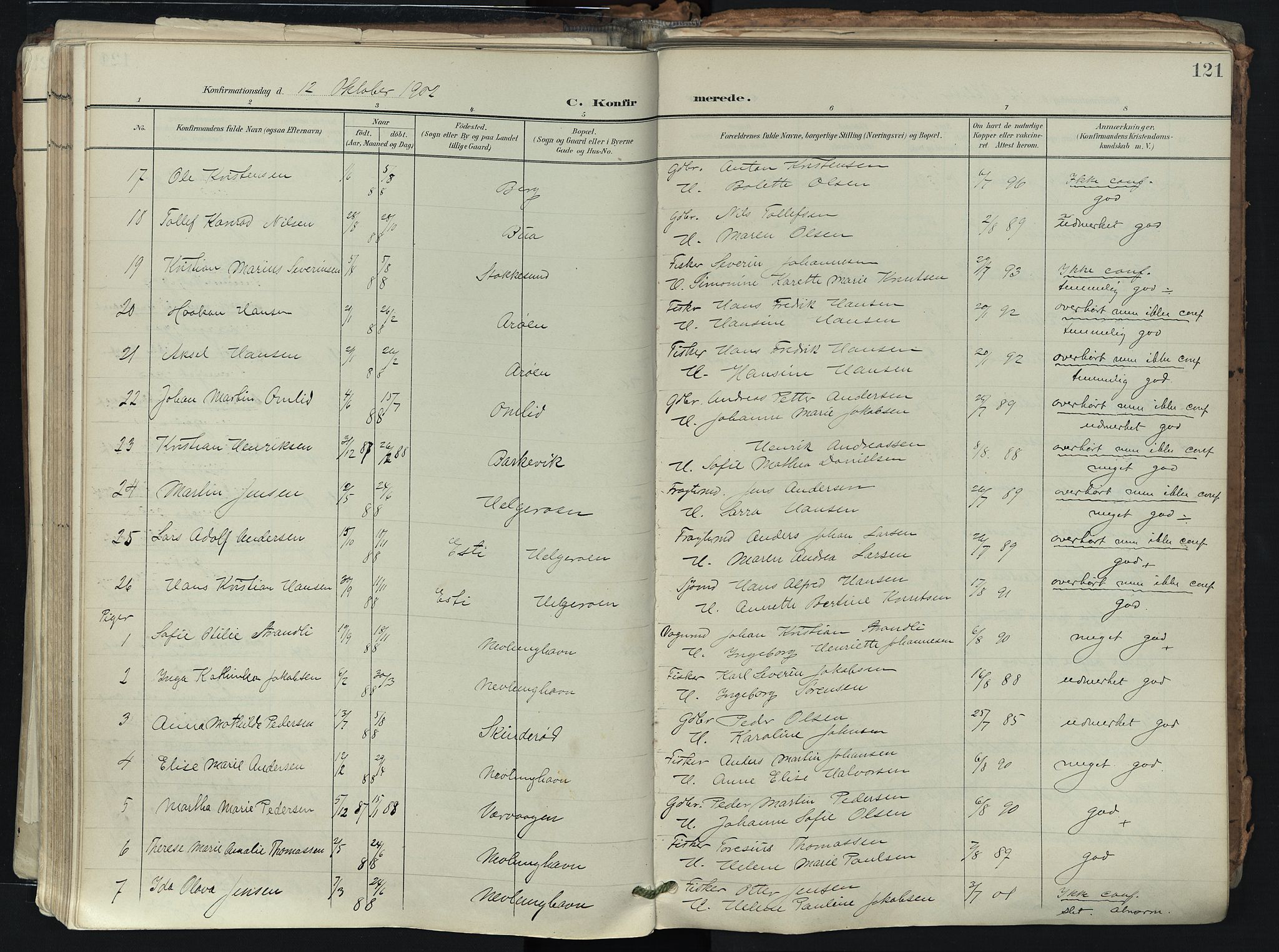 Brunlanes kirkebøker, AV/SAKO-A-342/F/Fb/L0003: Parish register (official) no. II 3, 1900-1922, p. 121