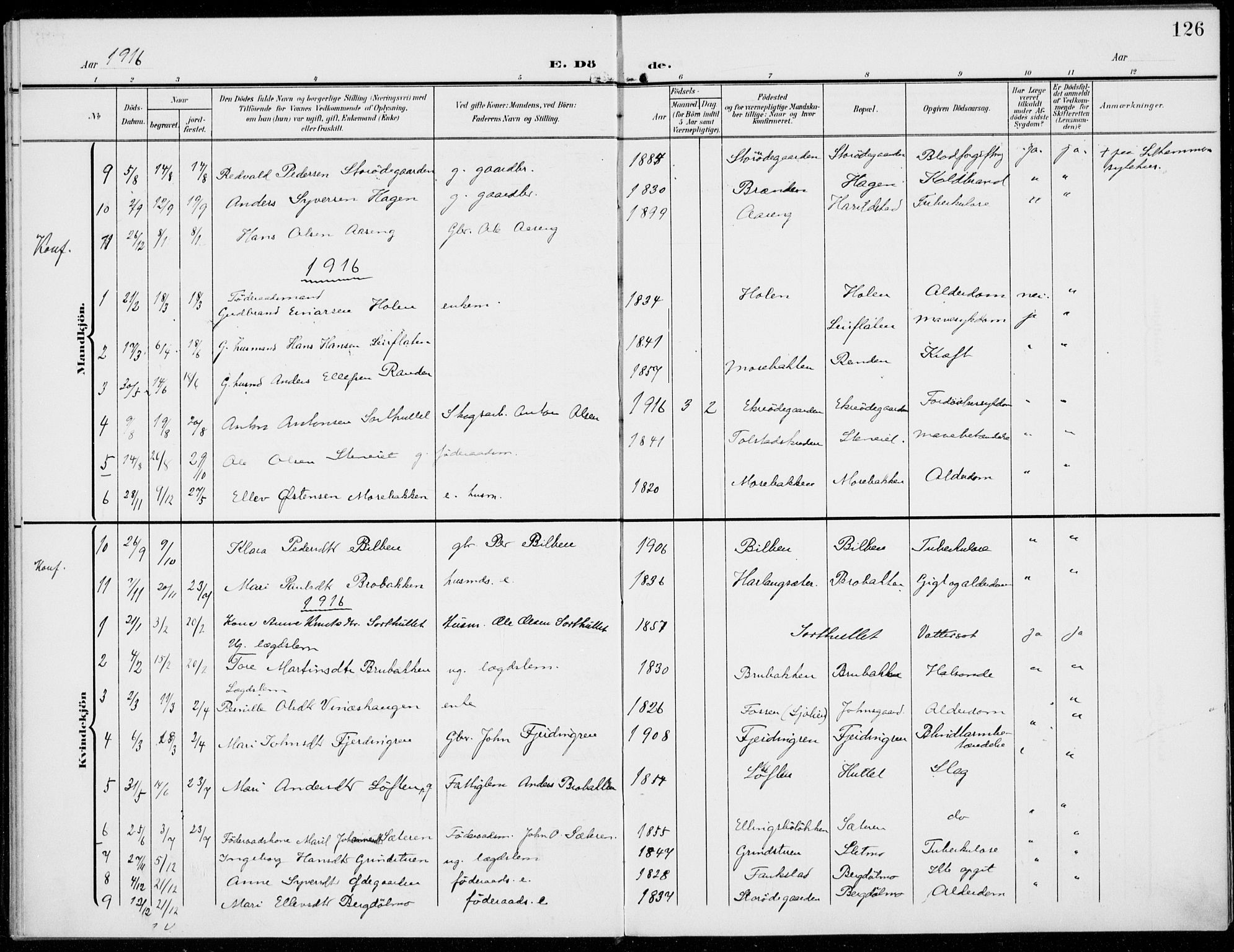 Sel prestekontor, SAH/PREST-074/H/Ha/Haa/L0001: Parish register (official) no. 1, 1905-1922, p. 126