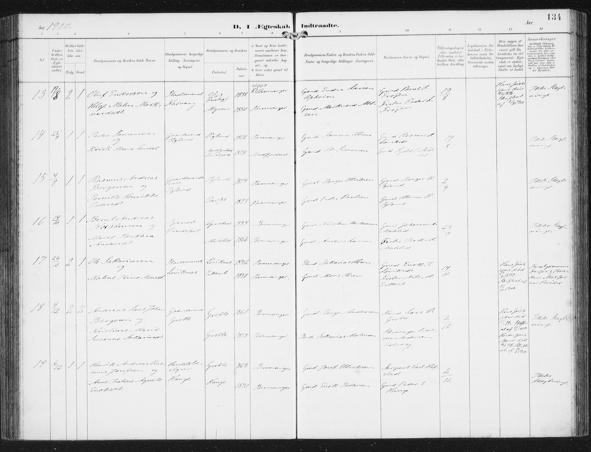 Bremanger sokneprestembete, AV/SAB-A-82201/H/Haa/Haab/L0002: Parish register (official) no. B  2, 1896-1908, p. 134