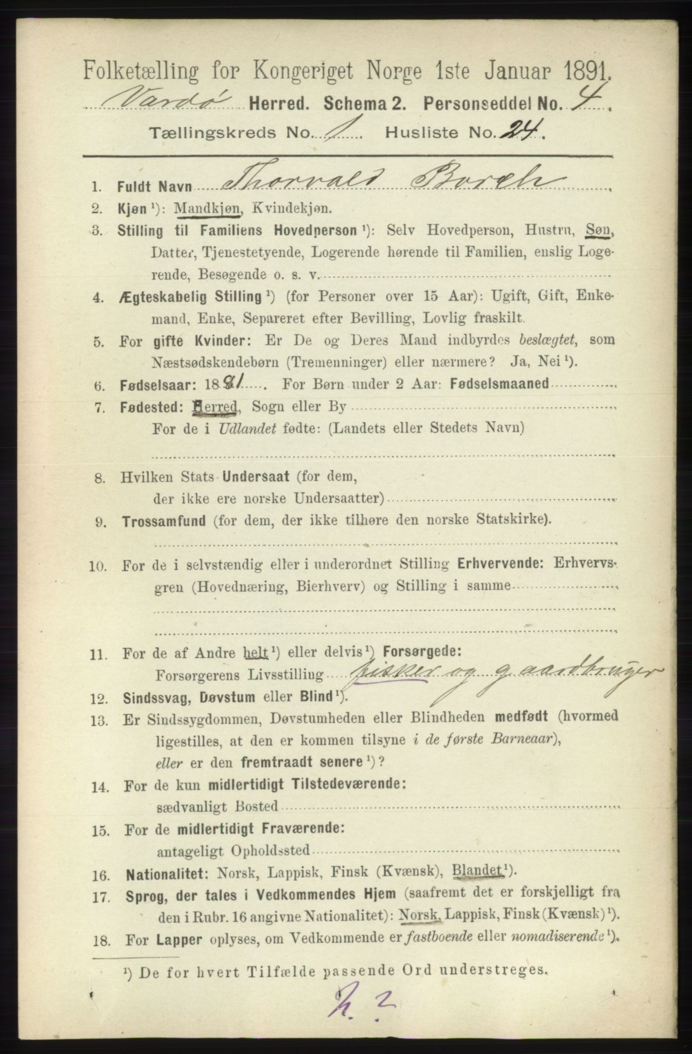 RA, 1891 census for 2028 Vardø, 1891, p. 186