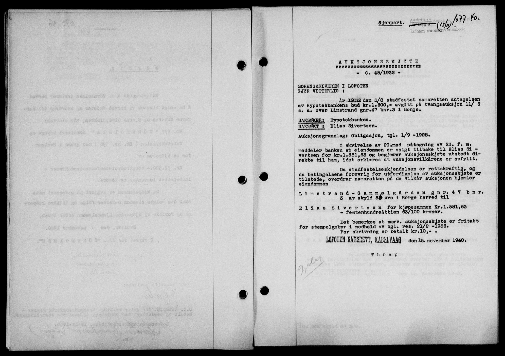 Lofoten sorenskriveri, SAT/A-0017/1/2/2C/L0008a: Mortgage book no. 8a, 1940-1941, Diary no: : 1077/1940