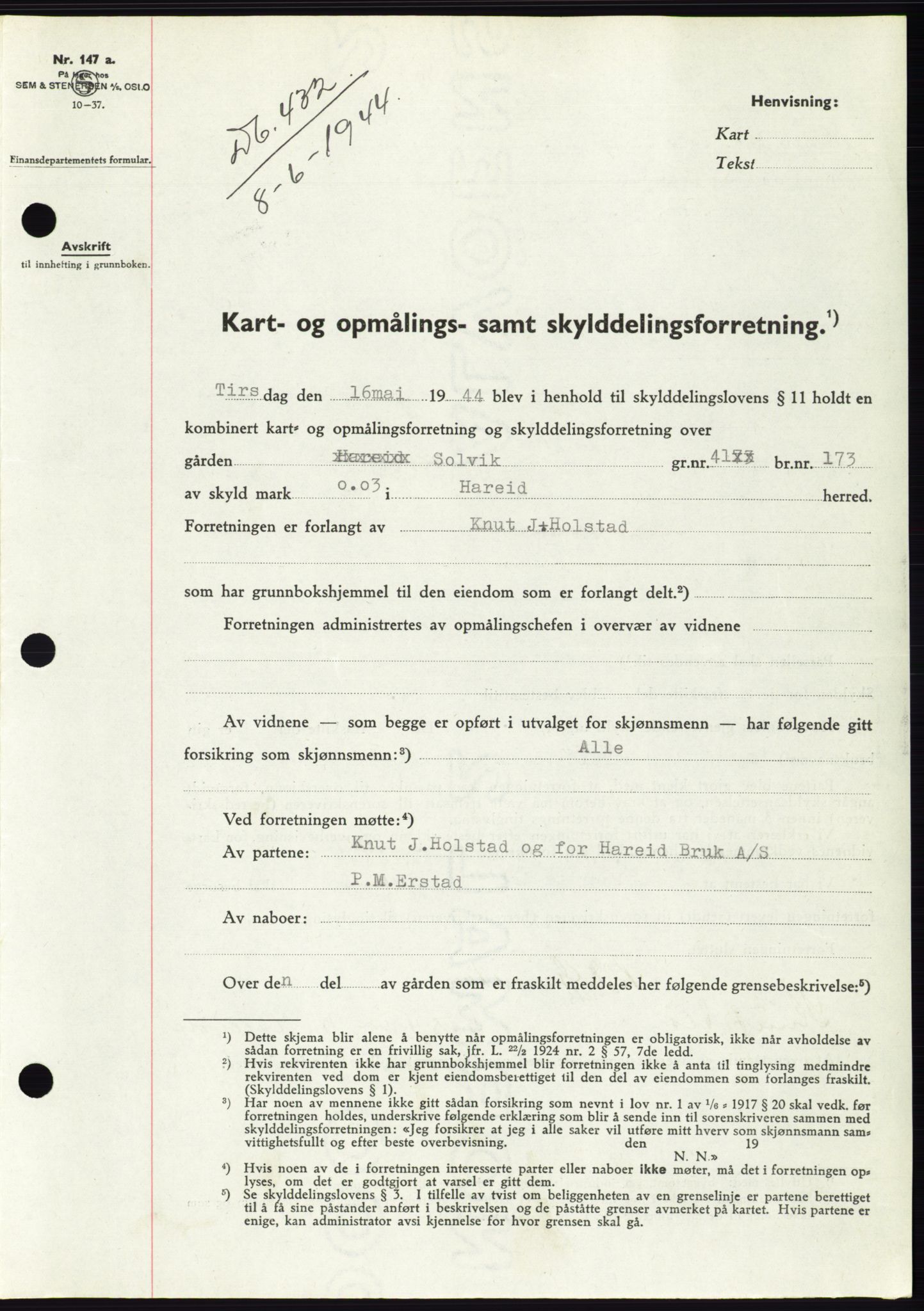 Søre Sunnmøre sorenskriveri, AV/SAT-A-4122/1/2/2C/L0076: Mortgage book no. 2A, 1943-1944, Diary no: : 432/1944