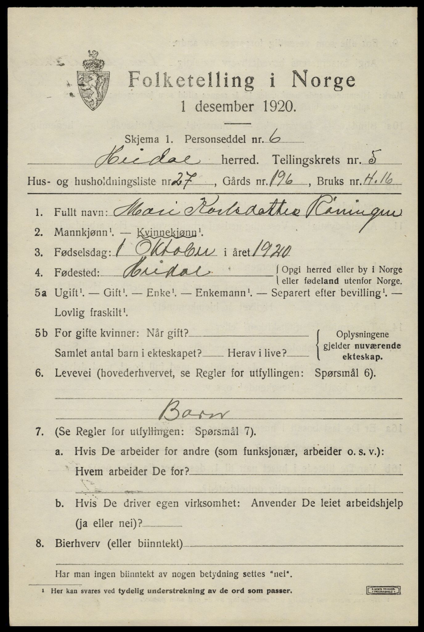 SAH, 1920 census for Heidal, 1920, p. 2694