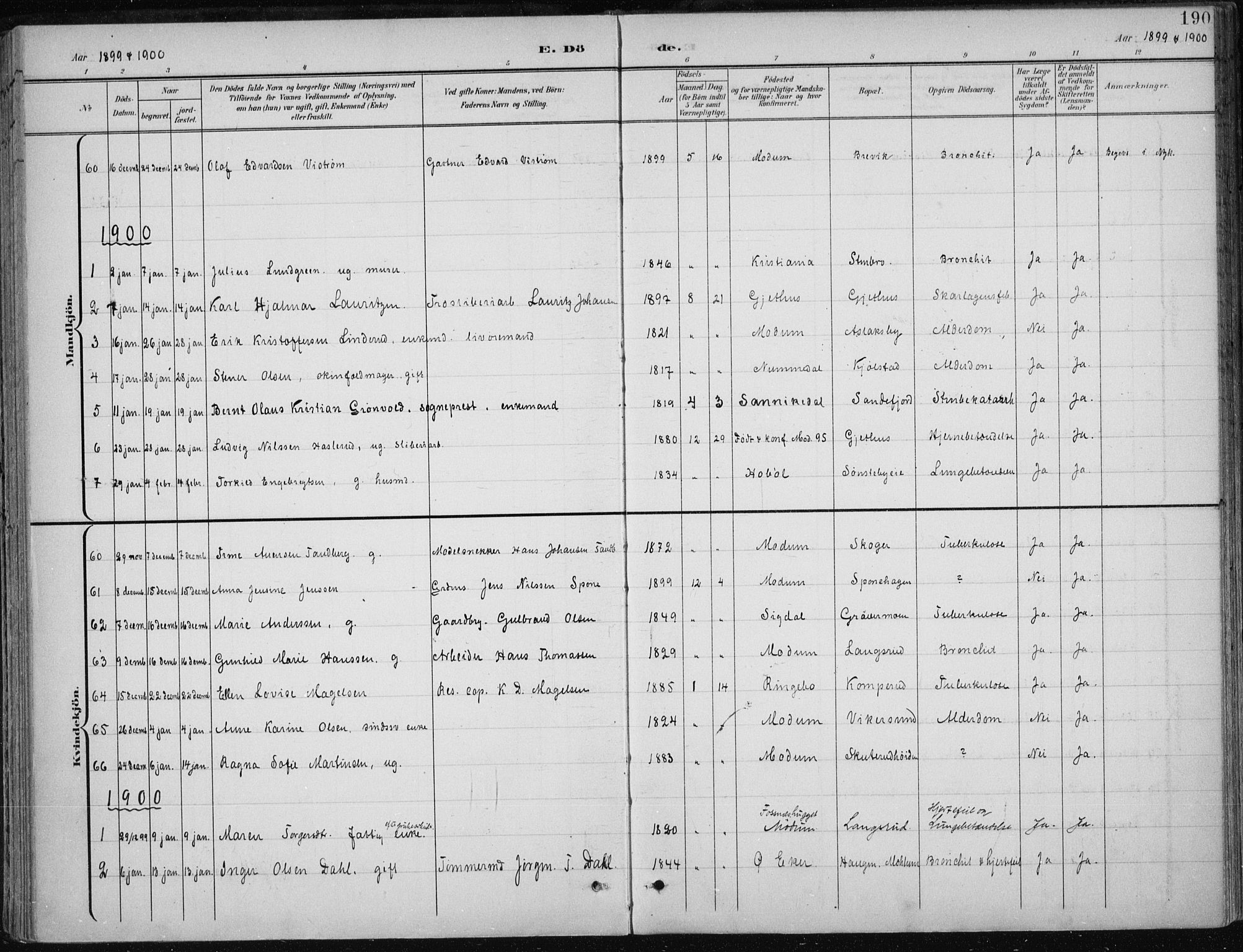 Modum kirkebøker, AV/SAKO-A-234/F/Fa/L0013: Parish register (official) no. 13, 1899-1907, p. 190