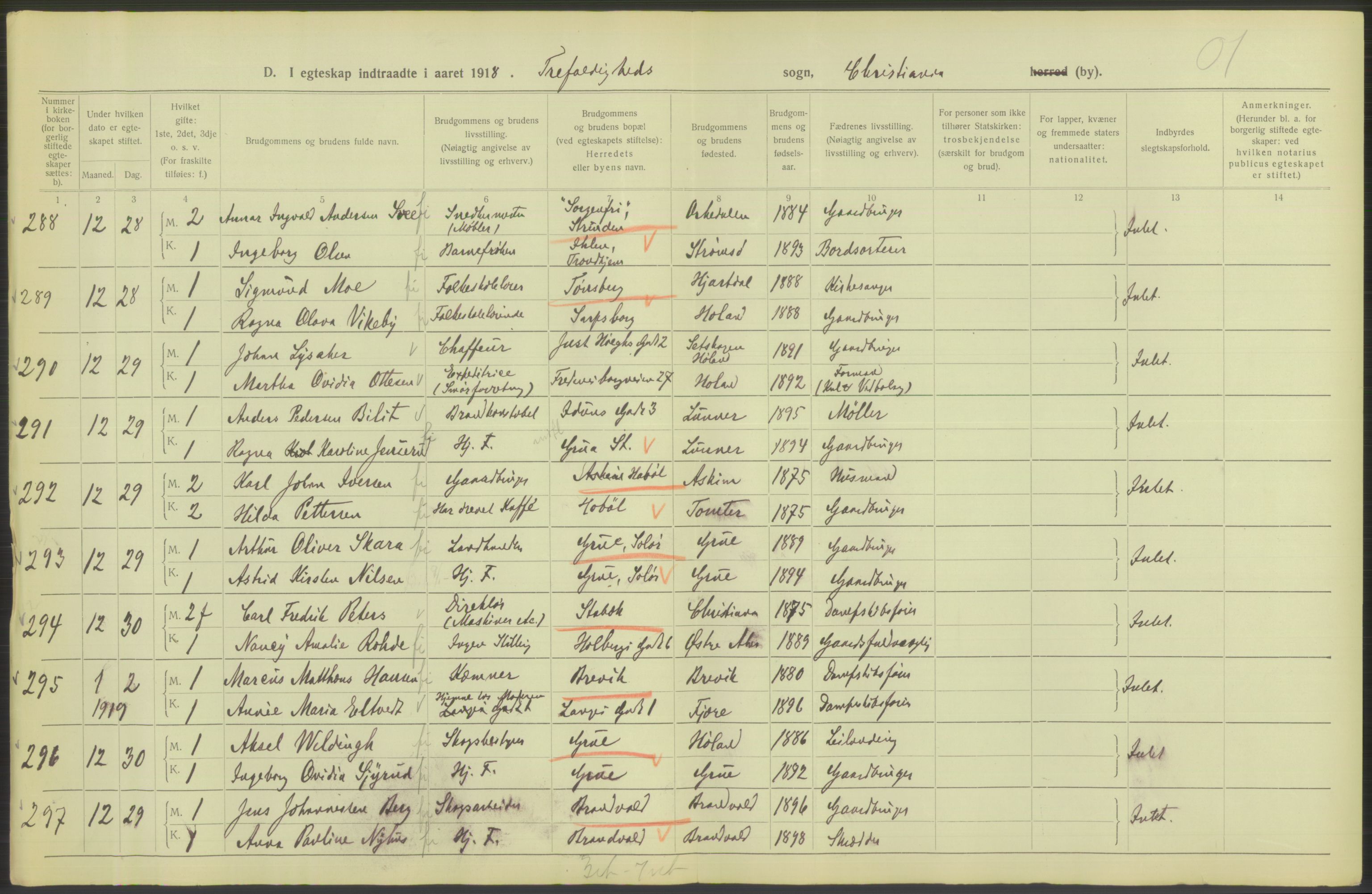 Statistisk sentralbyrå, Sosiodemografiske emner, Befolkning, AV/RA-S-2228/D/Df/Dfb/Dfbh/L0009: Kristiania: Gifte, 1918, p. 296