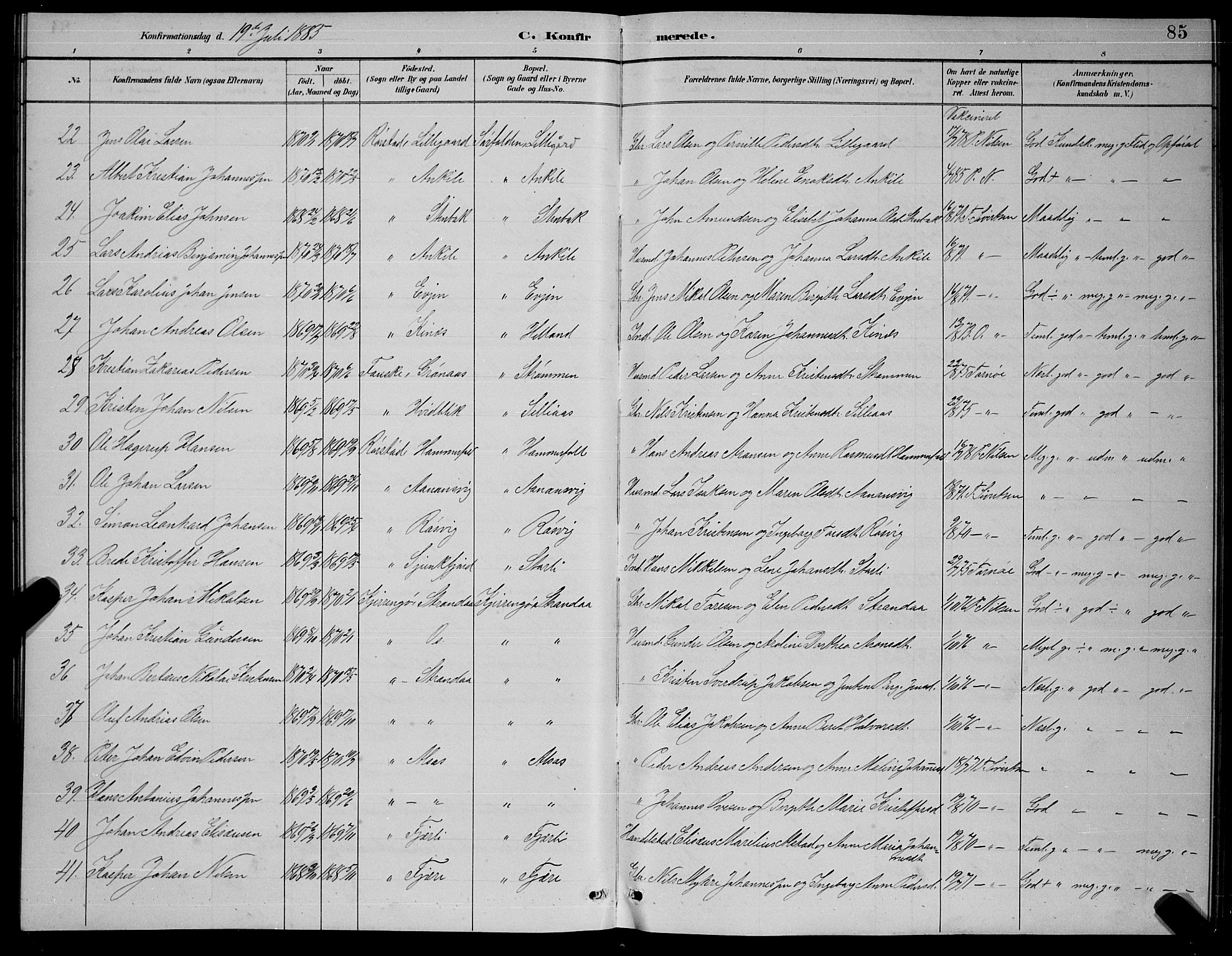 Ministerialprotokoller, klokkerbøker og fødselsregistre - Nordland, AV/SAT-A-1459/854/L0785: Parish register (copy) no. 854C01, 1883-1891, p. 85