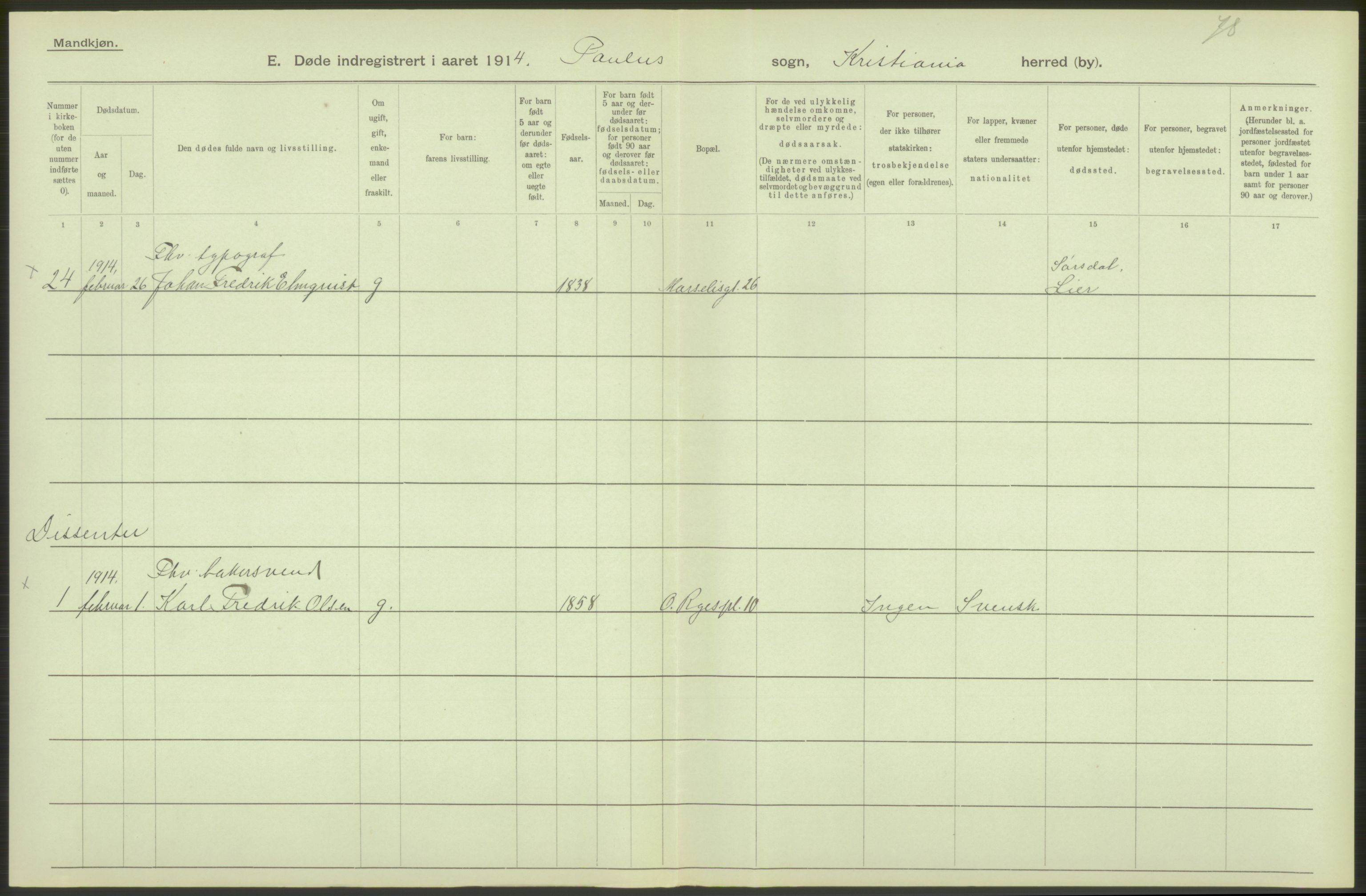 Statistisk sentralbyrå, Sosiodemografiske emner, Befolkning, AV/RA-S-2228/D/Df/Dfb/Dfbd/L0008: Kristiania: Døde, 1914, p. 274