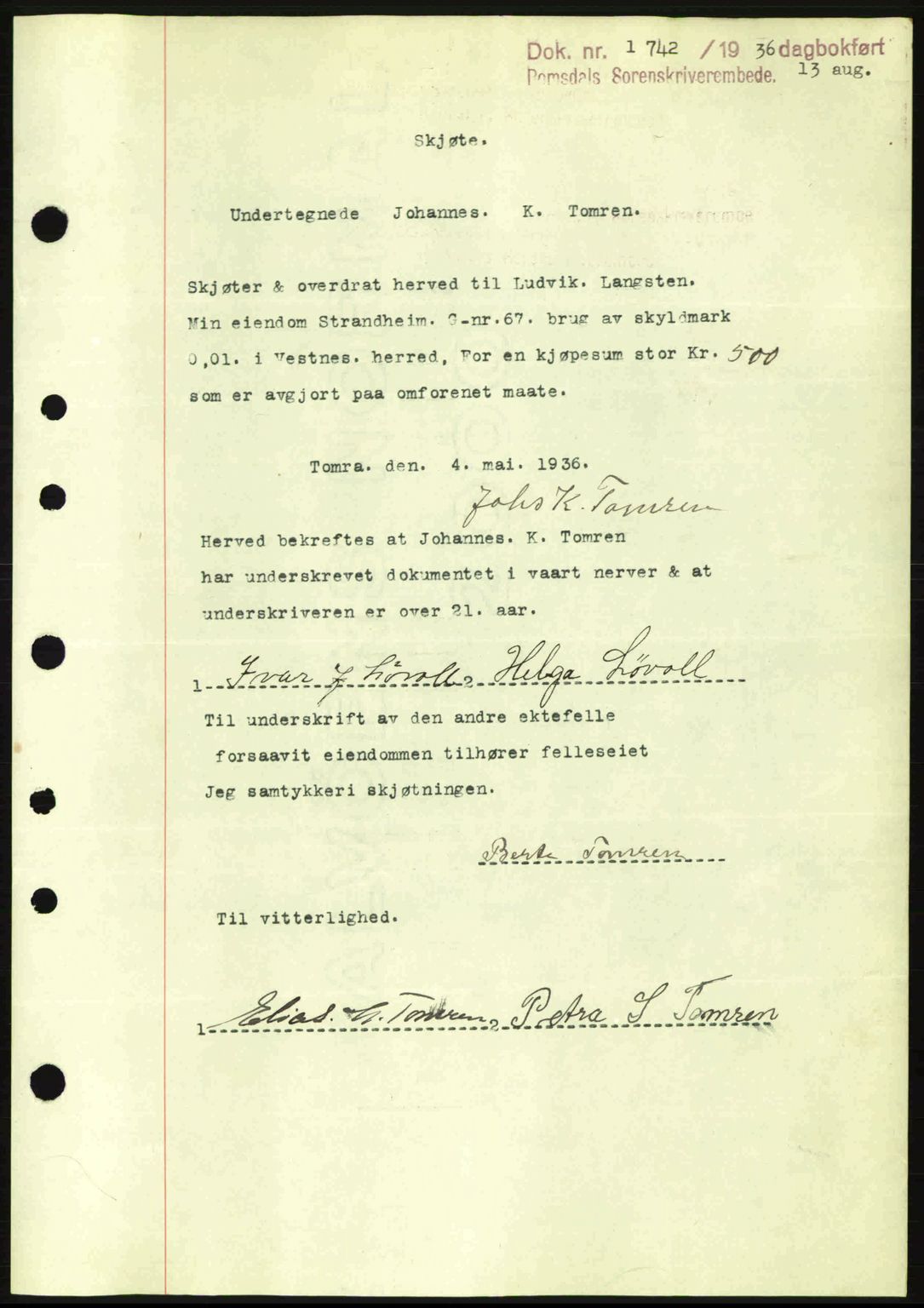 Romsdal sorenskriveri, AV/SAT-A-4149/1/2/2C: Mortgage book no. A1, 1936-1936, Diary no: : 1742/1936